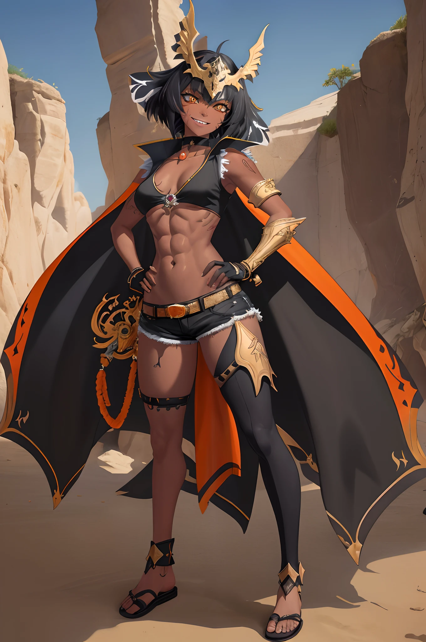 (Masterpiece, best quality:1.2), (highres, ultra-detailed), (absurdres, perfect anatomy), 1girl, solo, , anihh, slit pupils, dark-skinned female, black hair, orange colored inner hair, scar, fangs, black choker, hands on hips, outdoors, open vest, black loose t-shirt, black shorts, fingerless gloves, muscular, (covered (navel:0.5)) , full body flipflops,(icone de um jogo), (icone de peitoral : 1.5), um peitoral , peitoral marrom, chest plate, peitoral pesada marrom, peitoral grosso, peitoral de Armadura intrincada, peitoral de armadura de fantasia pesada, peitoral detalhado, armadura ornamentada, peitoral de Armadura Paladina, peitoral dearmadura de batalha, intrincada peitoral, smile, full body