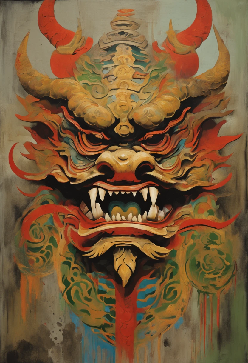 Japanese traditional monster mask Japanese dragon face, Catherine Norlin's style, Light brown and gray, Wall paintings, Xu Bing, Dark green, Animated GIFs, East Asian ink painting