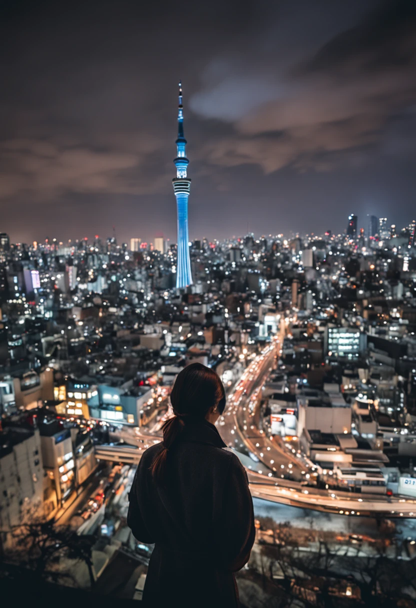 Tokyo Skytree at night in the background、The season is midwinter、Snow flutters、There is a woman in a long coat。She has pale black eyes and a chignon hairstyle.、There are almost no people around。piercings、Has a roll muffler.、A bracelet、wrist watch、I also wear long boots。