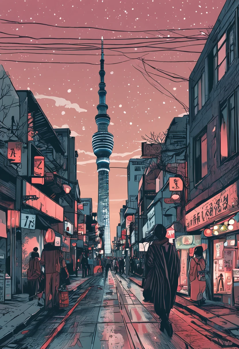 Tokyo Skytree at night in the background、The season is midwinter、Snow flutters、There is a woman in a long coat。She has pale black eyes and a chignon hairstyle.、There are almost no people around。piercings、Has a roll muffler.、A bracelet、wrist watch、I also wear long boots。