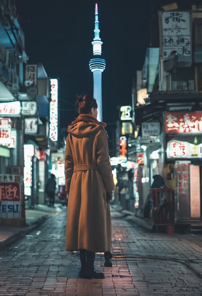 Tokyo Skytree at night in the background、The season is midwinter、Snow flutters、There is a woman in a long coat。She has pale black eyes and a chignon hairstyle.、There are almost no people around。piercings、Has a roll muffler.、A bracelet、wrist watch、I also wear long boots。