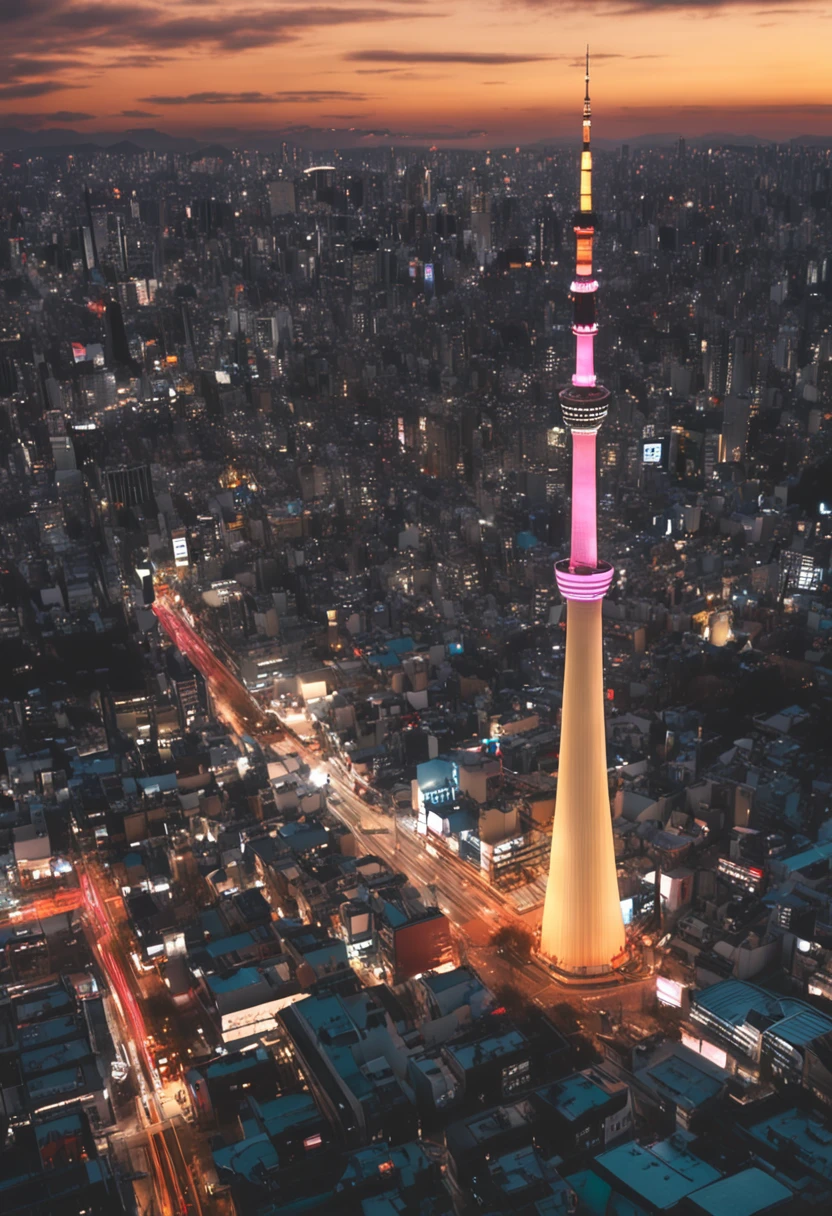 Tokyo Skytree at night in the background、The season is midwinter、Snow flutters、There is a woman in a long coat。She has pale black eyes and a chignon hairstyle.、There are almost no people around。piercings、Has a roll muffler.、A bracelet、wrist watch、I also wear long boots。