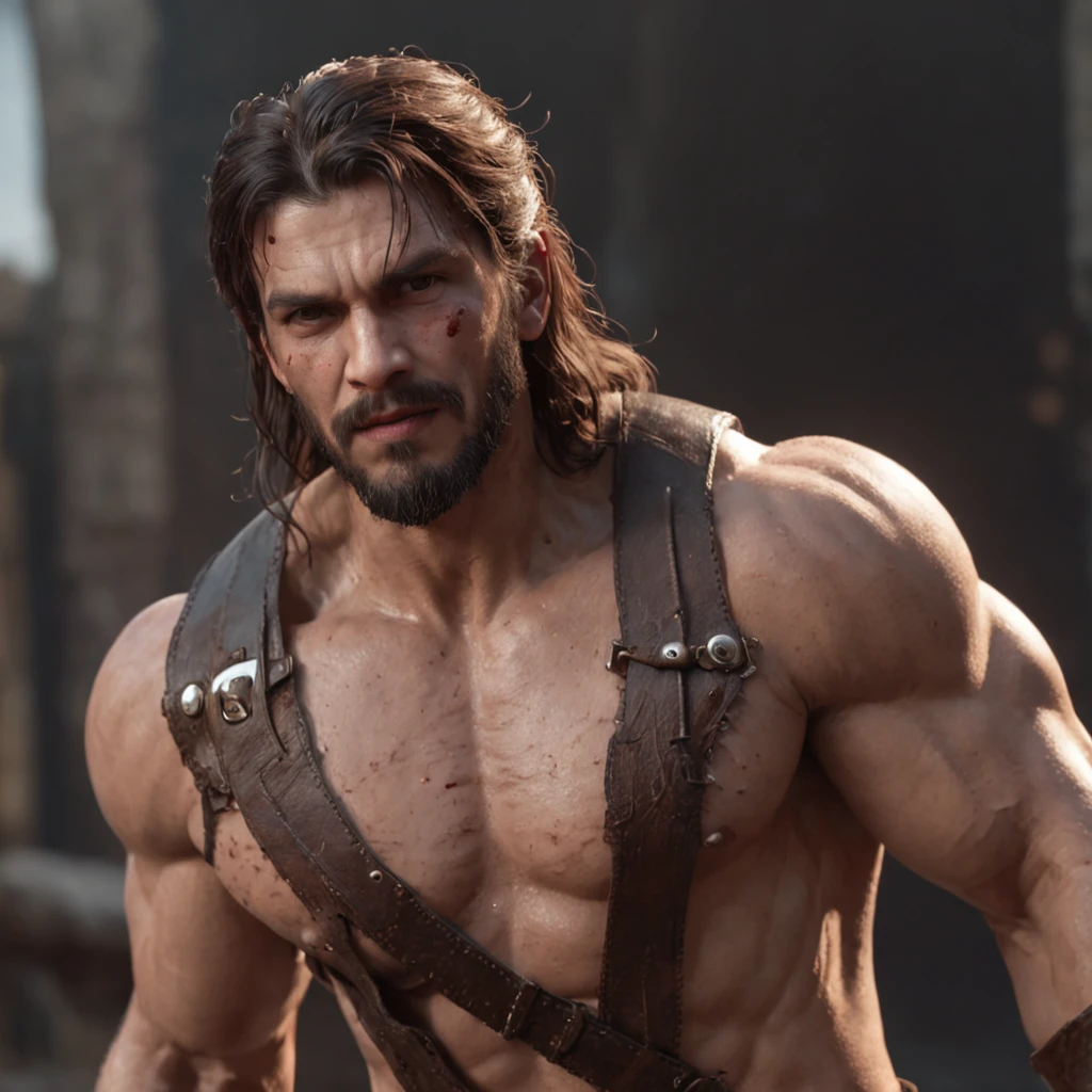 (professional 3d render:1.3) af (Realistic:1.3) most beautiful artwork photo in the world,Features soft and shiny male heroes, ((Epic hero fantasy muscle man rough wet hero angry look long hair short beard and ferocious expression in dynamic pose, Fantastic location, Majestic cluttered environment)), full body 8k unity render, action shot, skin pore, very dark lighting, heavyshading, Detailed, Detailed face, (vibrant, photograph realistic, Realistic, Dramatic, Dark, Sharp focus, 8K), (Old leather garments damaged by weathering:1.4), ((((Wear fur)))), (Intricate:1.4), decadent, (Highly detailed:1.4), Digital painting, rendering by octane, art stations, concept-art, smooth, Sharp focus, illustration, Art germ, (loish:0.23), wlop ilya kuvshinov, and greg rutkowski and alphonse mucha gracias, (Global illumination, Studio light, volumettic light), heavy rain, particles floating, lotr, fantasy, elf, full bodyesbian, ((Dark and ancient city background:1.3)),CGSesociety,art stations