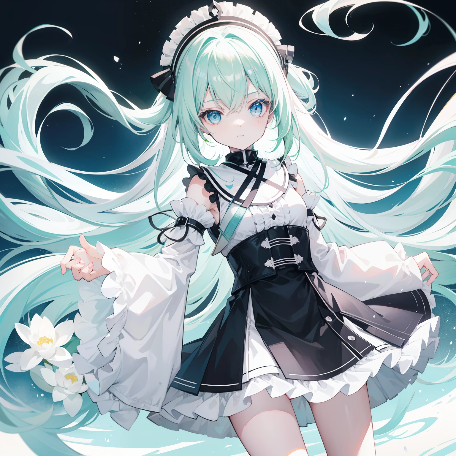 Long light greenish-pink hair,light blue eyes,High black and white lotus-shaped collar,Black and white clothes,Cool and cute soft girl