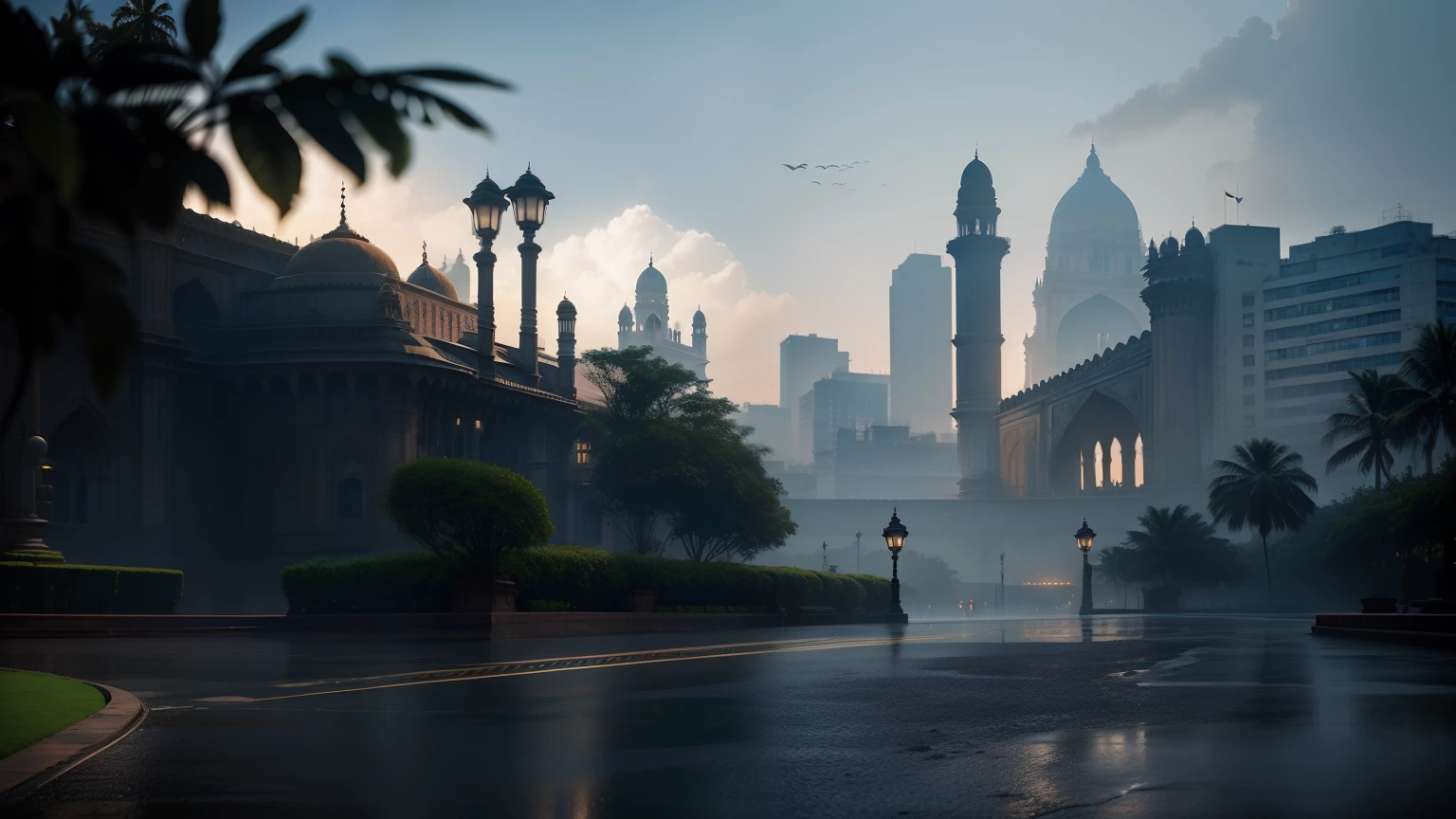 Front of a plain platform like the game lobby and background Mumbai City, Monuments in Mumbai, Gateway of India, taj hotel Mumbai, Cinematic View, Cinematic Foug and Cloud, Landscape Mode,
