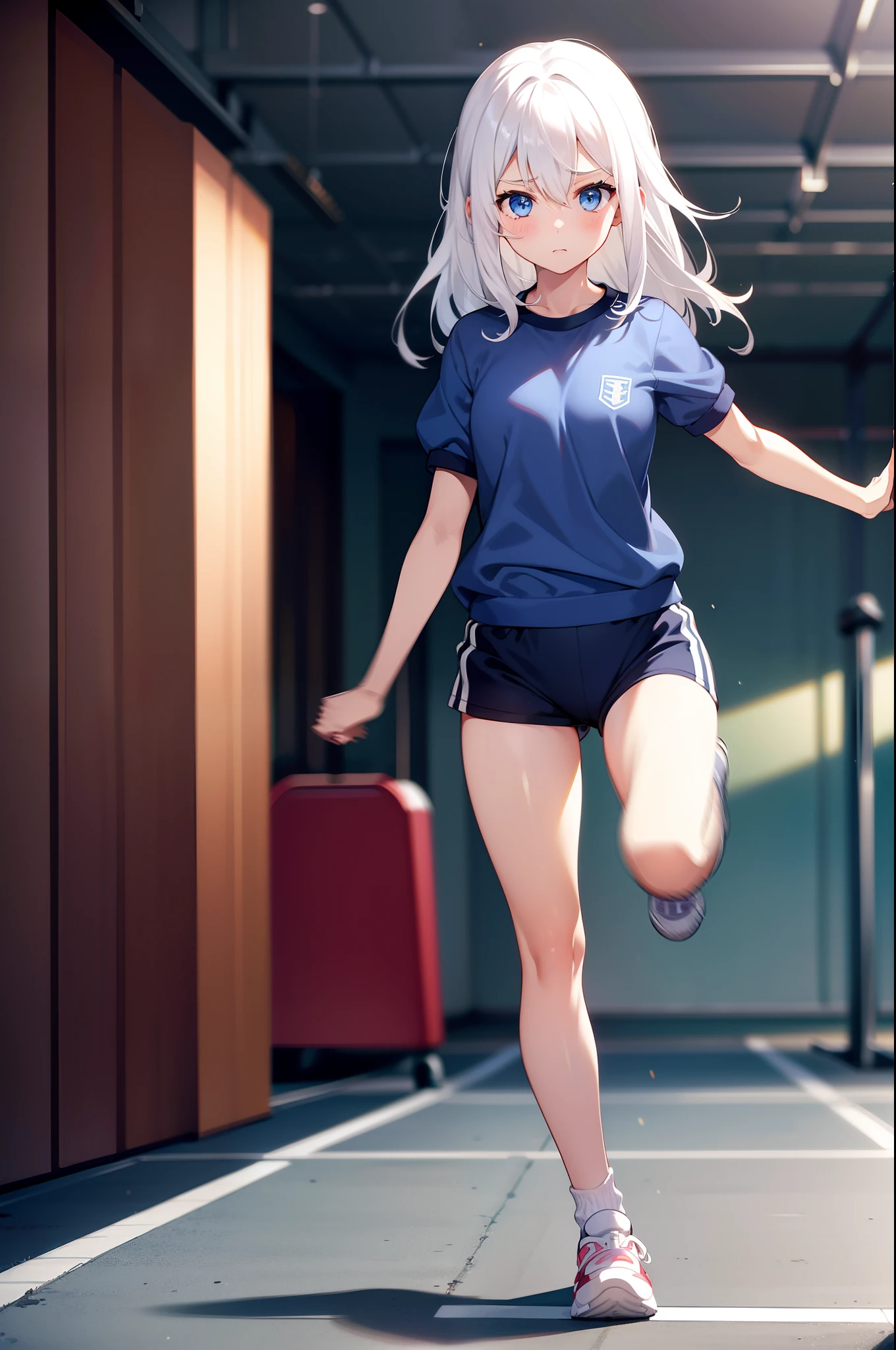 A girl,full bodyesbian,White hair,eBlue eyes,standing on your feet,,Shy,,((Motion blur)),Medium hair,Running,hair between eye,school,gym uniform