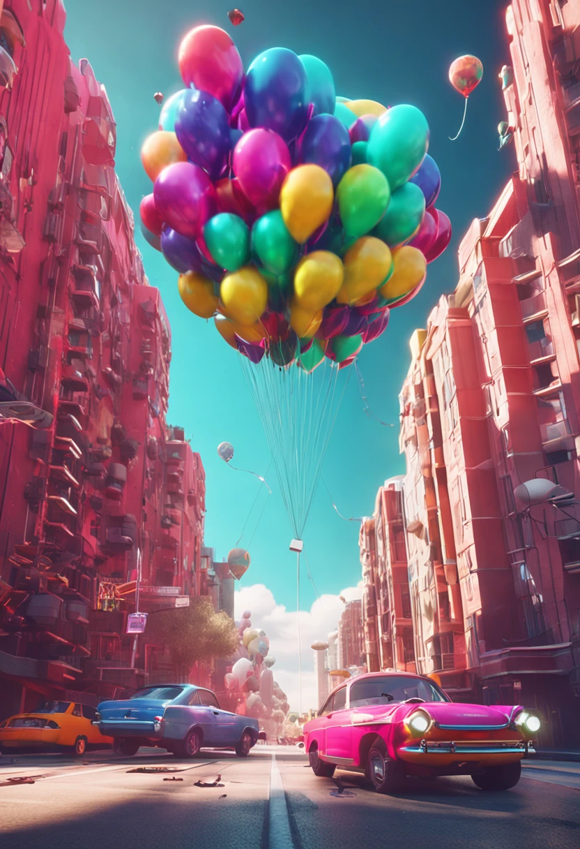 Colorful cars,The balloon floats in the air, concept art inspired by Mike Winkelmann, trending on behance, retro-futurism, style hybrid mix of beeple, in the style of beeple, beeple colors, colorful vivid octane render, cinema 4d colorful render, beeple style, 3 d render beeple