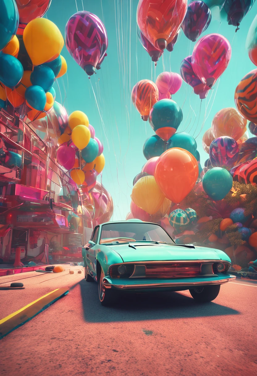 Colorful cars，The balloon floats in the air, concept art inspired by Mike Winkelmann, trending on behance, retro-futurism, style hybrid mix of beeple, in the style of beeple, beeple colors, colorful vivid octane render, cinema 4d colorful render, beeple style, 3 d render beeple