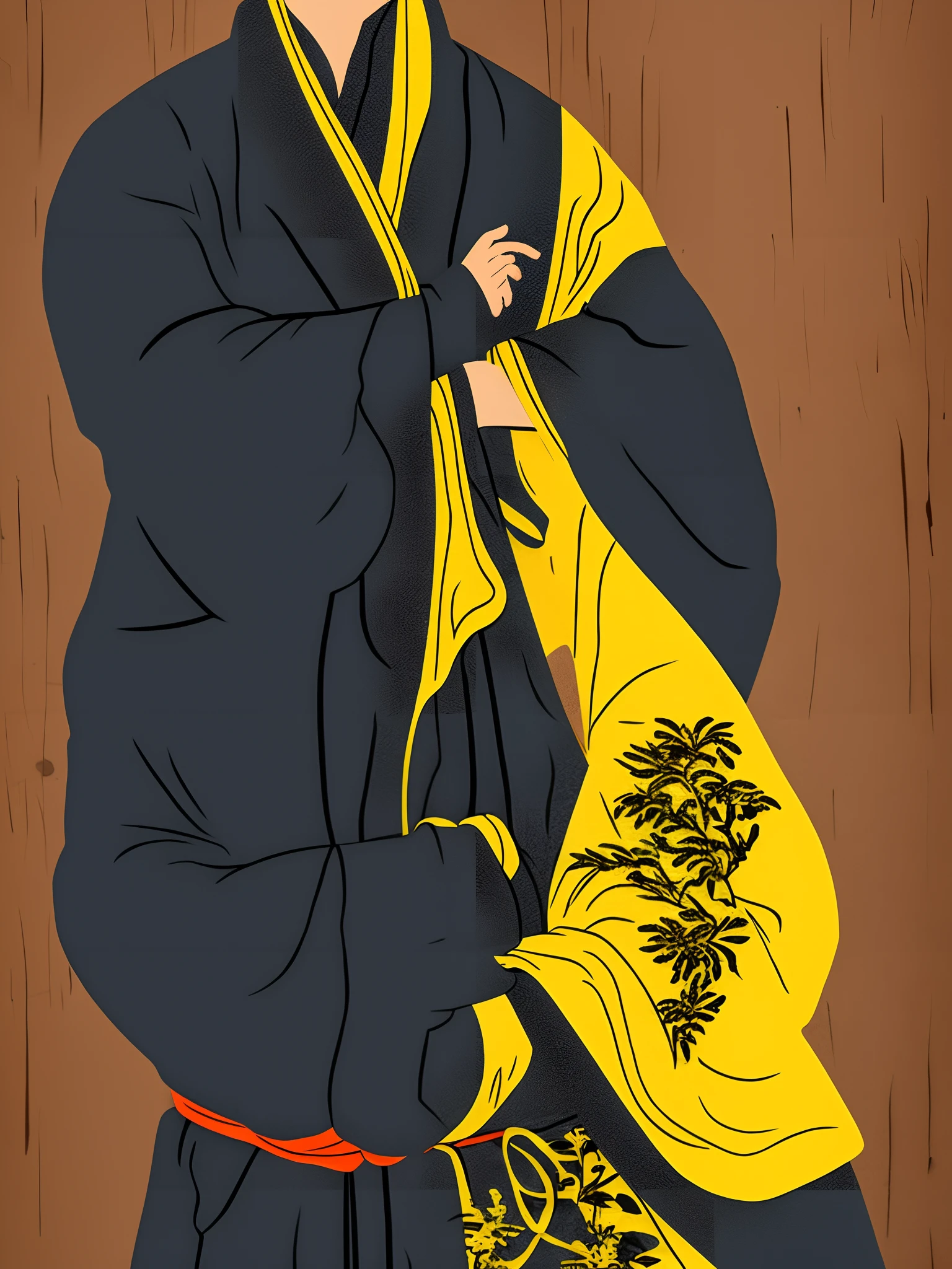 A Taoist priest with his back can't see his face, the Taoist priest is wearing a yellow Taoist robe, the Taoist robe has a pattern of yin and yang fish on the back, holding a broken peach wood sword in his right hand, the background is very dark, you can't see the face of the Taoist priest, there is a black figure in front of the Taoist, the body is very straight, the Taoist robe has scratches, and the Taoist robe of the Taoist priest is tattered
