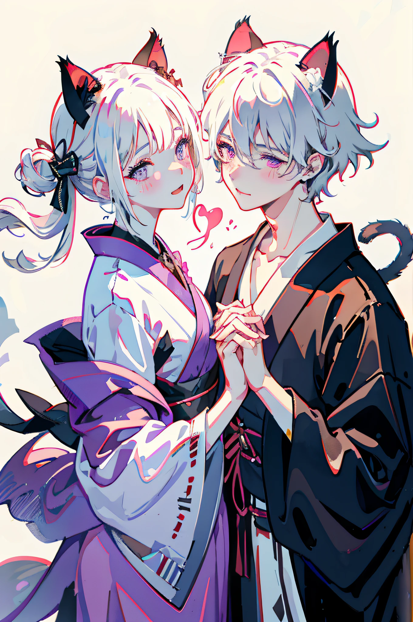 (1boy and 1girl), (cat ears:1.2), short hair, silver hair, white hair, purple eyes, masterpiece, pov, medium breast, absurdres, messy hair, cute smile, winking, blushing, nice hands, boy in a tuxedo suit, girl in a wedding dress, holding hands, (heart in the pupils:0.2), floating heart, heart earrings, white hair, full-face blush, looking at another, face-to-face, the church pipe organ can be seen in the background.