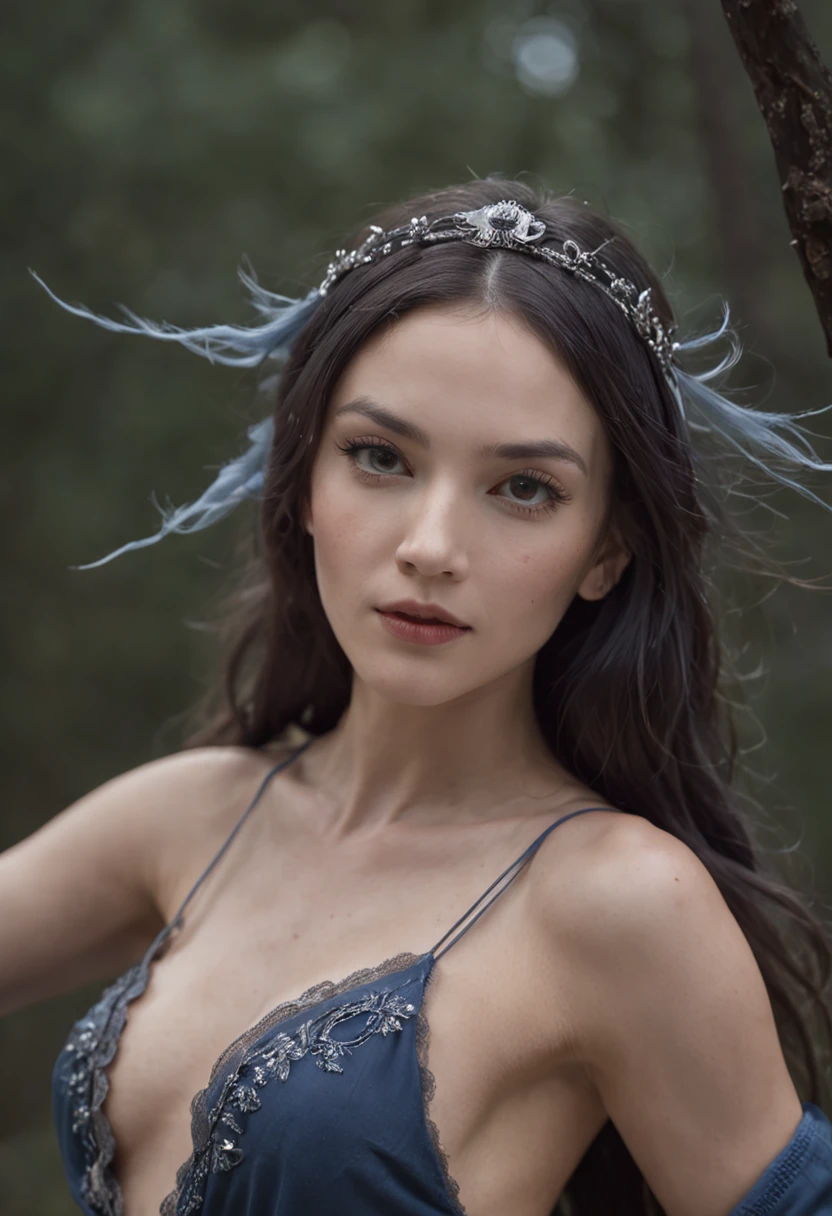 high quality half length portrait, RAW photo of european nymph, warrior, beautiful, attractive, very pretty face, accurate face, detailed face, jeweled headband, small breasts, topless, long dark blue hair, hair blowing in the wind, brown eyes, heavy dark makeup, dancing in the moonlight, erotic, sensual, forest, ((night)), filtered moonlight, (glowing silver skin texture), detailed textures, soft focus, low light, muted colors of night, short depth of field, bokeh background, arm band, bracelets, thigh band, neck chain, ultra high pixel detail, cinematic, intricate, cinematic light, realistic, movie scene, cinematic, high quality,e, full colors, incredibly detailed, 4k, 8k, erotic, gothic, bdsm,