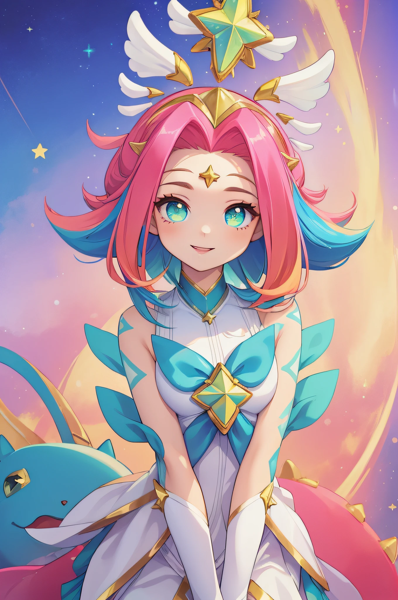 (Masterpiece:1.4), (best quality:1.2), star guardian neeko, 1girl, multicolored hair, dress, star guardian \(league of legends\), magical girl, tail, hair ornament, smile, upper body