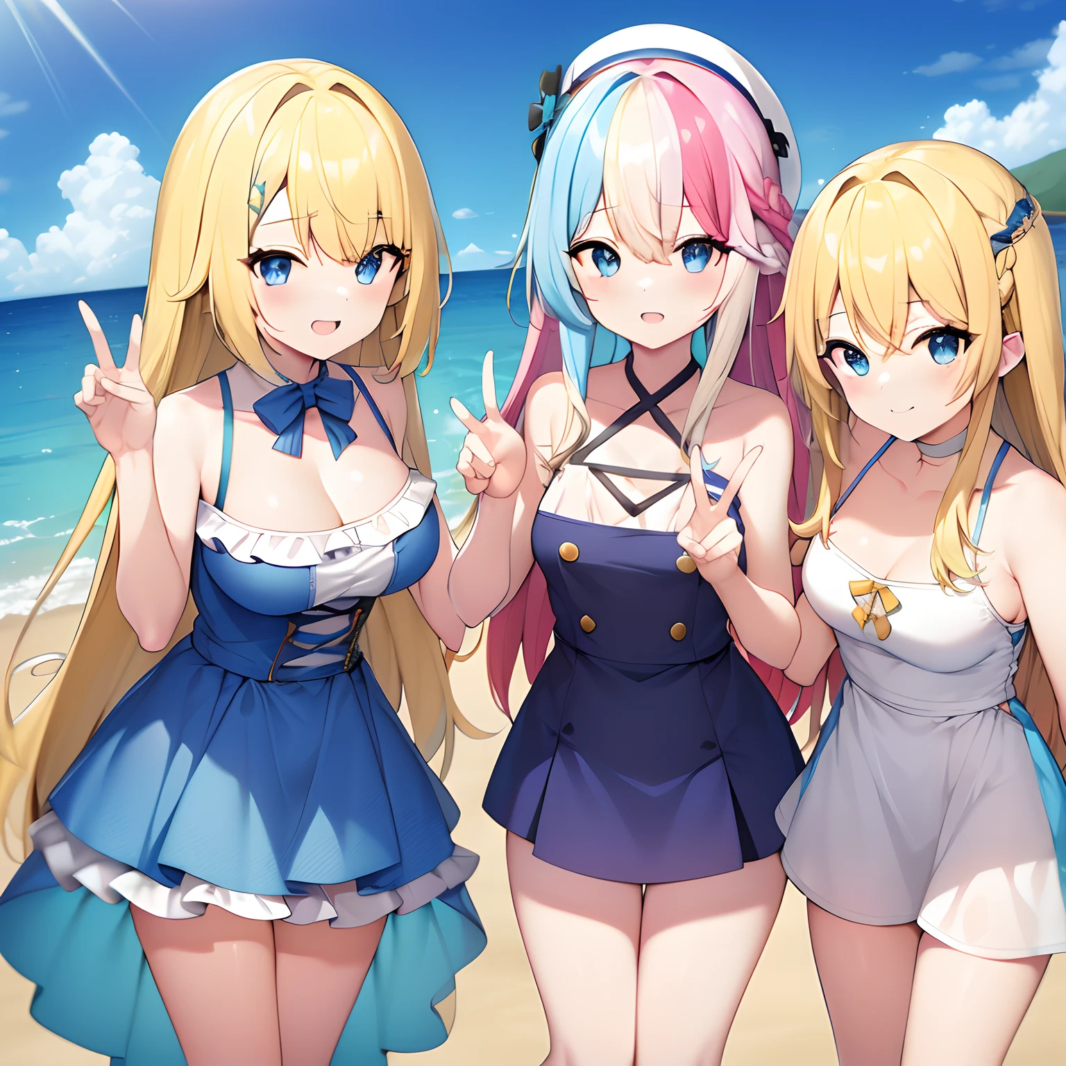 (multicolored hair+Blonde hair:1.3+Blue eyes:1.2), (floating dress), Peace sign with both hands, (thighs thighs thighs thighs), Large bust, Sea, Beach, Shooting from close distances、selfee、