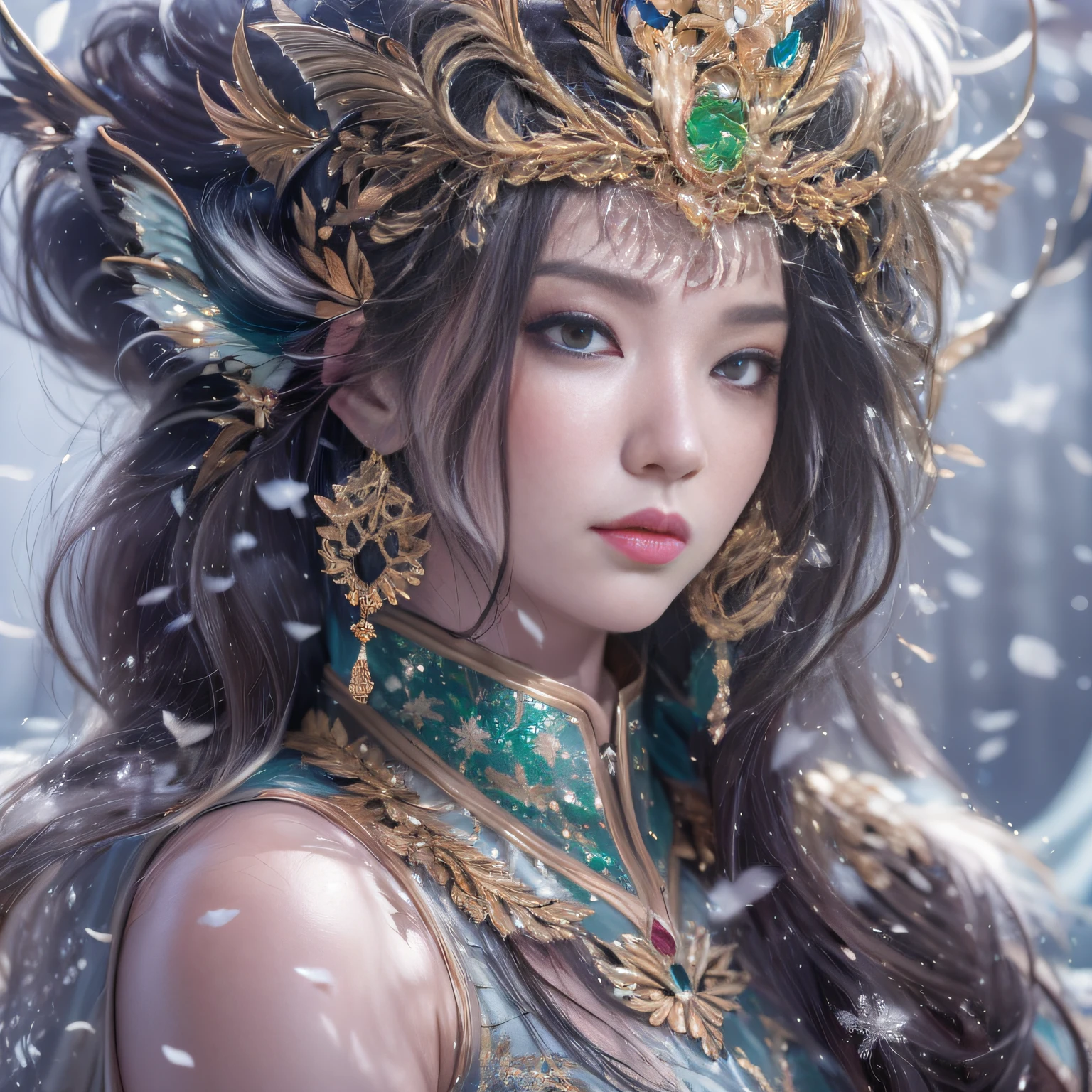 32K(tmasterpiece,k hd,hyper HD,32K)Purple-pink flowing hair,Gold jewelry area in the back room,King Girl ,Green Bronze Dragon Protector (realisticlying:1.4),Python pattern robe,Purple-pink tiara,Snowflakes fluttering,The background is pure,Hold your head high,Be proud,The nostrils look at people, A high resolution, the detail, RAW photogr, Sharp Re, Nikon D850 Film Stock Photo by Jefferies Lee 4 Kodak Portra 400 Camera F1.6 shots, Rich colors, ultra-realistic vivid textures, Dramatic lighting, Unreal Engine Art Station Trend, cinestir 800,Hold your head high,Be proud,The nostrils look at people,Tsundere,Snowflakes fluttering,Snowflakes fluttering,Snowflakes fluttering,Snowflakes fluttering,Impeccable,Exaggerated and unfounded feelings about one's own importance and talents (pompous). Focus on unlimited butterfly fantasies, influencer, power, information, Beauty, Or perfect love. Attributed to the special and unique,Only the highest quality people should be associated