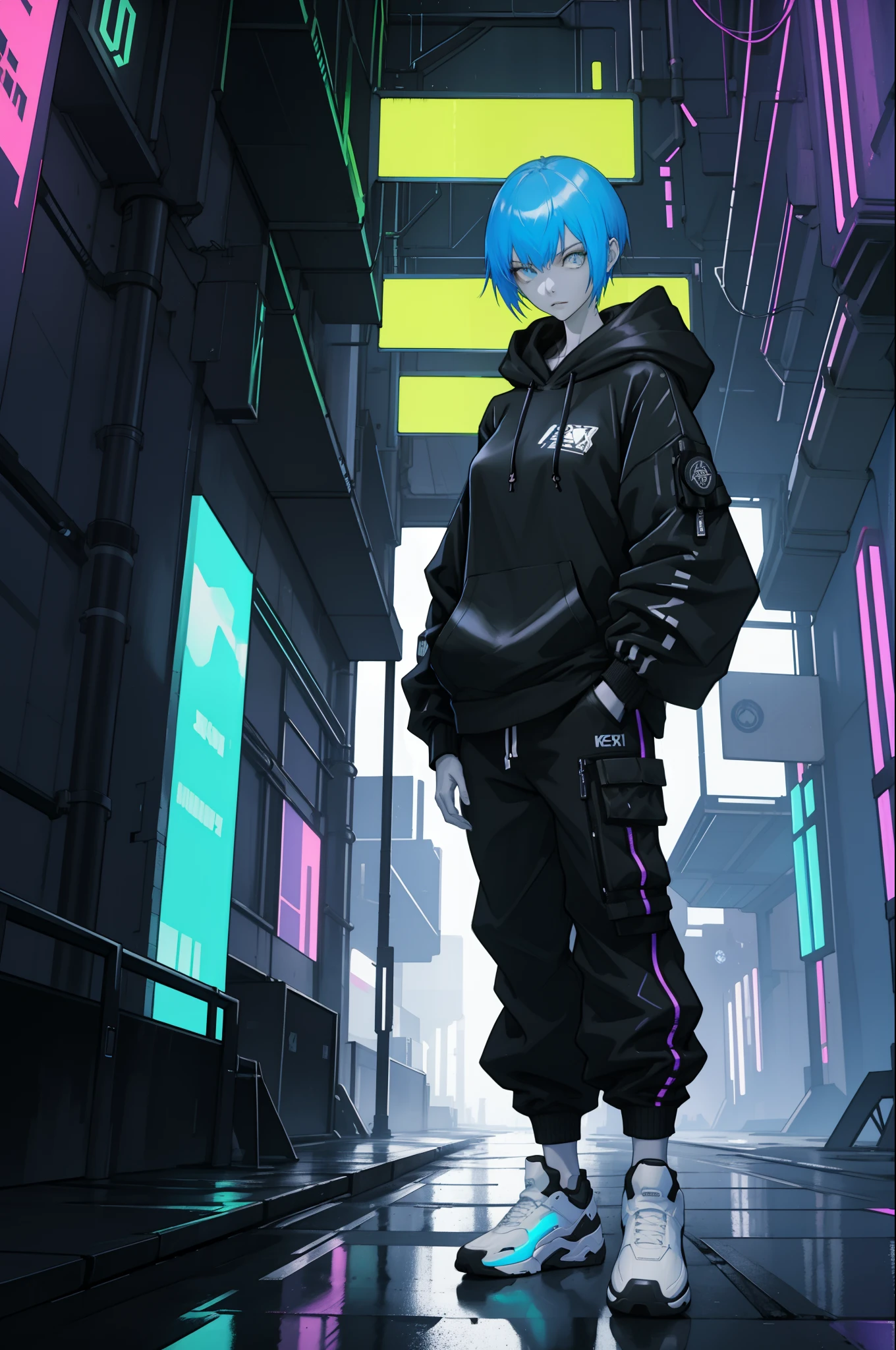 Masterpiece, best quality, 1 female, adult, slender figure, baggy hoodie, techwear, black trousers, brightly coloured shoes, cyberpunk environment, extremely detailed CG unity 8k wallpaper, intricate details, futuristic, vibrant colours, neon signs, flourescent colours