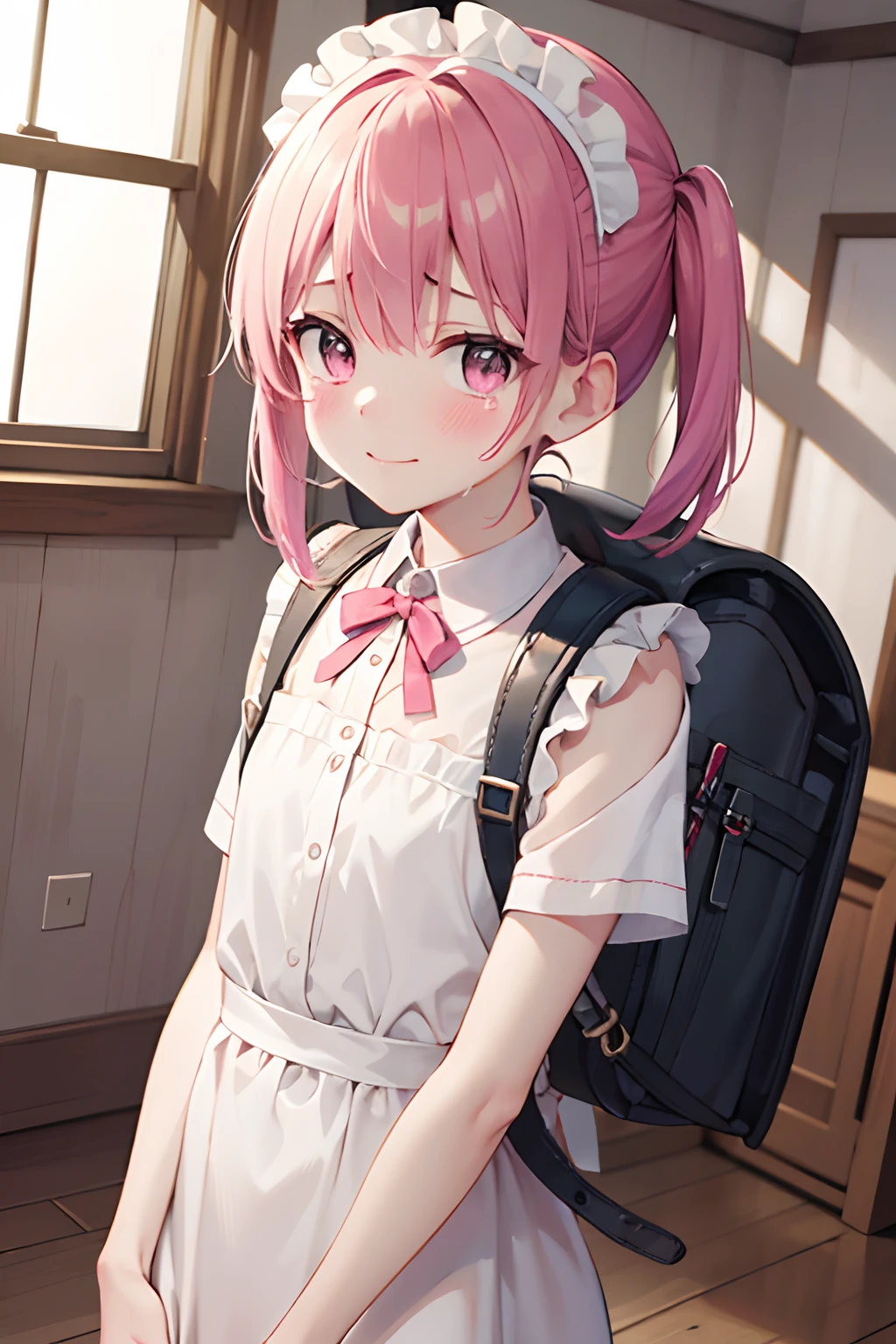 (masterpiece), best quality, high resolution, highly detailed, detailed background, perfect lighting, indoor, 1girl,cry, very sad, tears, looking at viewer, petite, maid uniform, adorable smile, wearing pink randoseru backpack, (randoseru backpack:1.0)