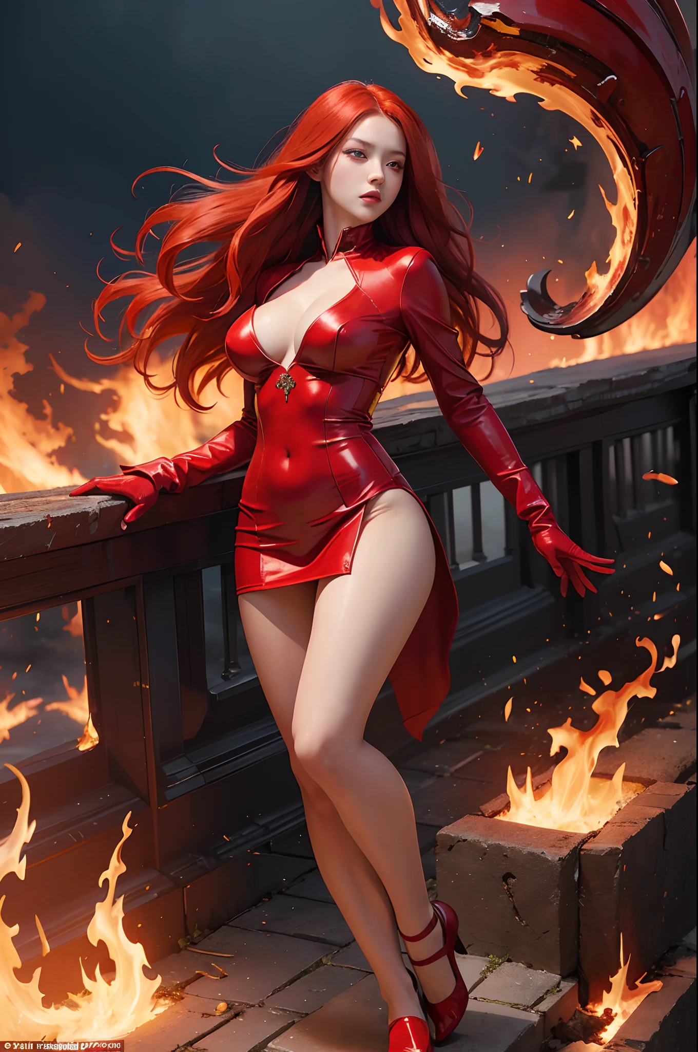 Masterpiece, ultra defined details, Girl, full body, super detailed eyes, long red hair, red eyes, glowing eyes, short red oriental dress, red gloves, serious and annoying expression, perfect anatomy, big breasts, hourglass body, body fire , firepower, scenery on fire, burning city, fire particles, detailed scenery, cinematic effect