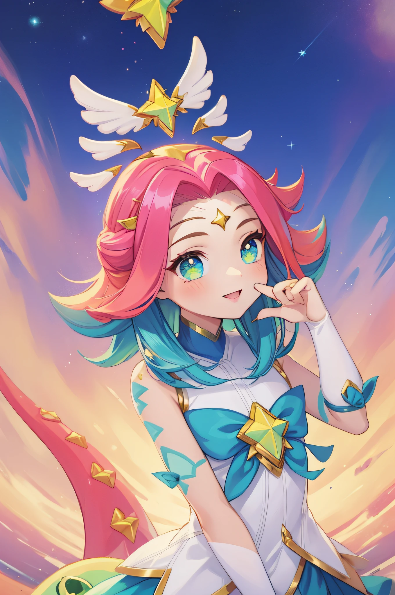 (Masterpiece:1.4), (best quality:1.2), star guardian neeko, 1girl, multicolored hair, dress, star guardian \(league of legends\), magical girl, tail, hair ornament, smile, upper body