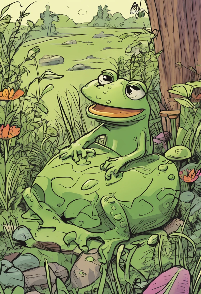 Illustrating Fred the Frog's ongoing efforts,Because he takes firm steps every day to reach the green grass. Depict a series of scenes,Show Fred's daily progress. Let him go over obstacles, Jump over stones, Overcome challenges with unwavering dedication. Use continuous compositions to highlight his journey, Show Fred's persistence and progression.