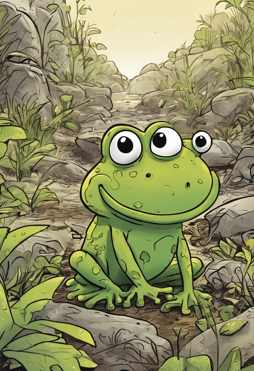 Illustrating Fred the Frog's ongoing efforts,Because he takes firm steps every day to reach the green grass. Depict a series of scenes,Show Fred's daily progress. Let him go over obstacles, Jump over stones, Overcome challenges with unwavering dedication. Use continuous compositions to highlight his journey, Show Fred's persistence and progression.
