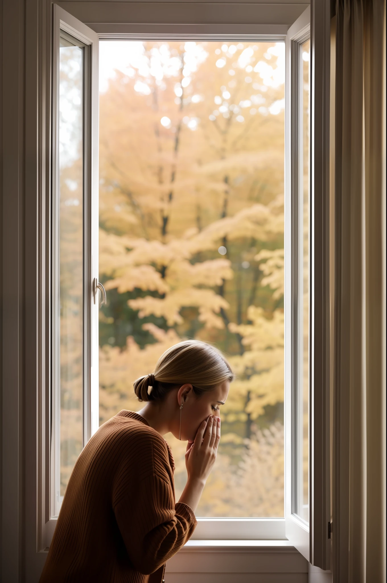 It is autumn and a lady is at home behind the window and sneezing