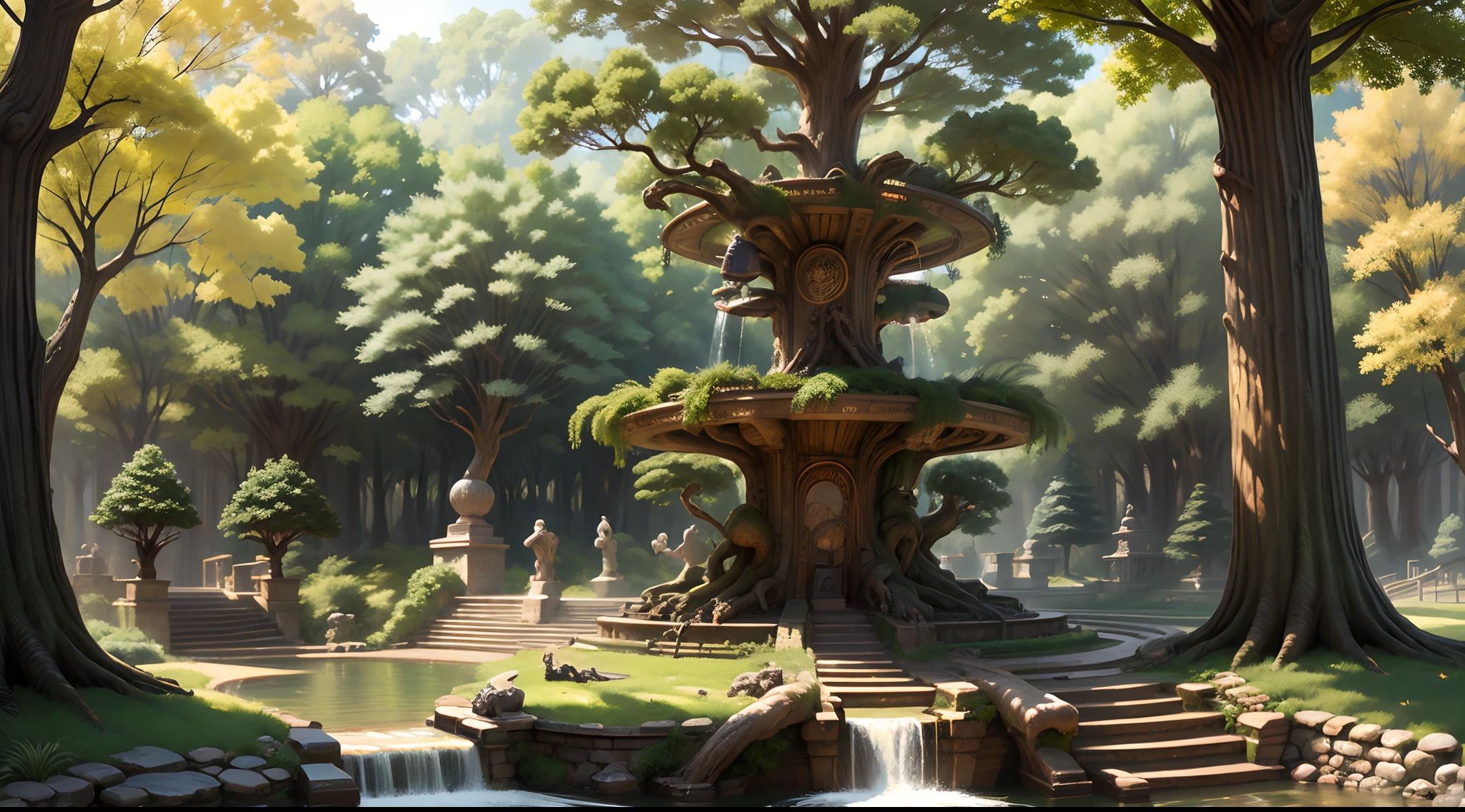 A beautiful, gorgeous, roman styled, four story water fountain in the middle of a park, photo taken from the front,
