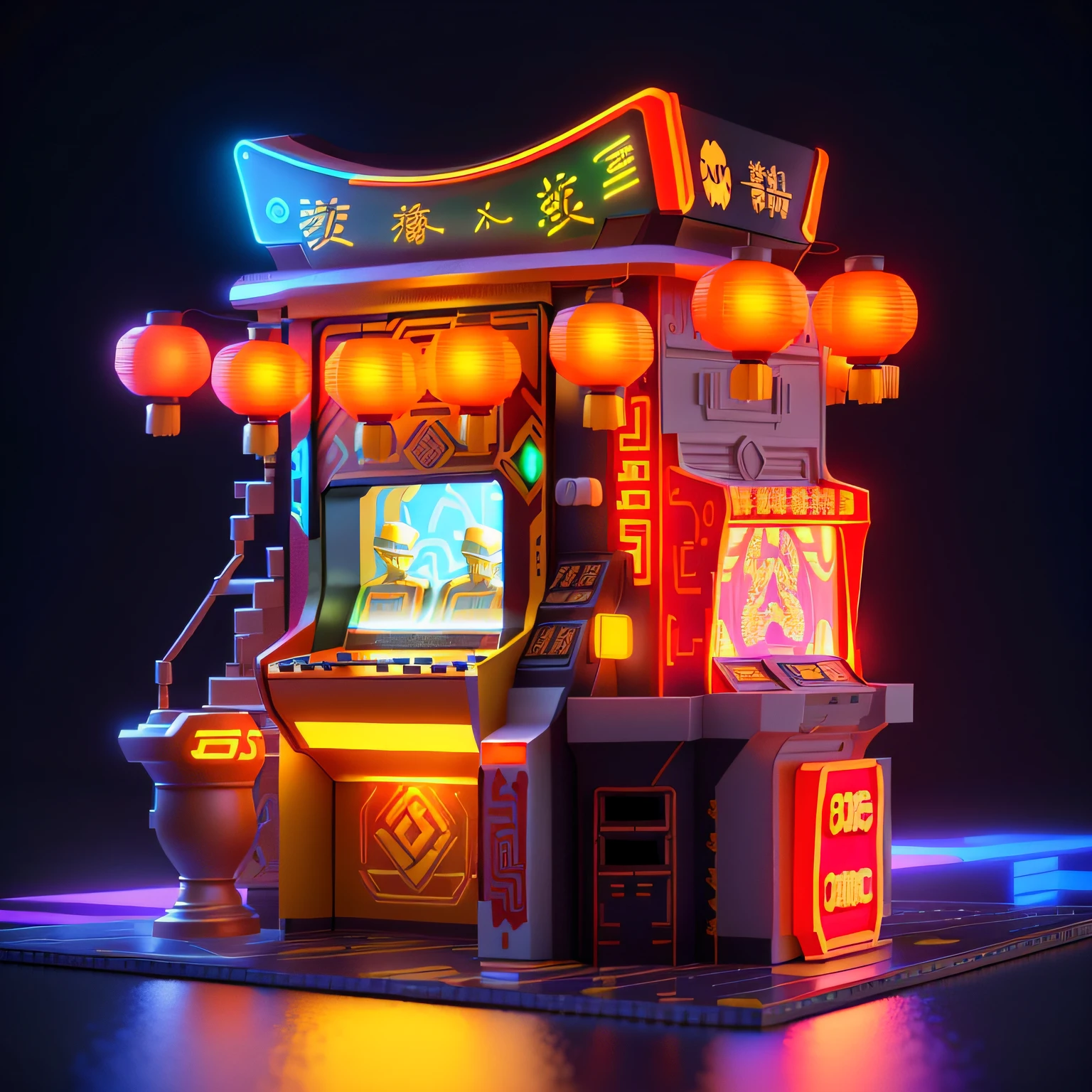 Pixar animated style miniature diorama，Retro futuristic arcade，Combined with Chinese Tidal game elements，The glow of cyberpunk lights. Cabinet art blends with Chinese cultural design，Includes a smiling polygonal god of wealth，Gold ingots in hand，Gold coins and floating mahjong tiles. Vibrant C4D colors and special effects，Wide angle lens. Dramatic lighting. Advertising concept art.Arafard image of a small arcade machine with neon lights, 3 d render stylized, 3 d videogame render, stylized 3d render, videogame ，3d game art,3D artist, 3 d render even lit, video game render,