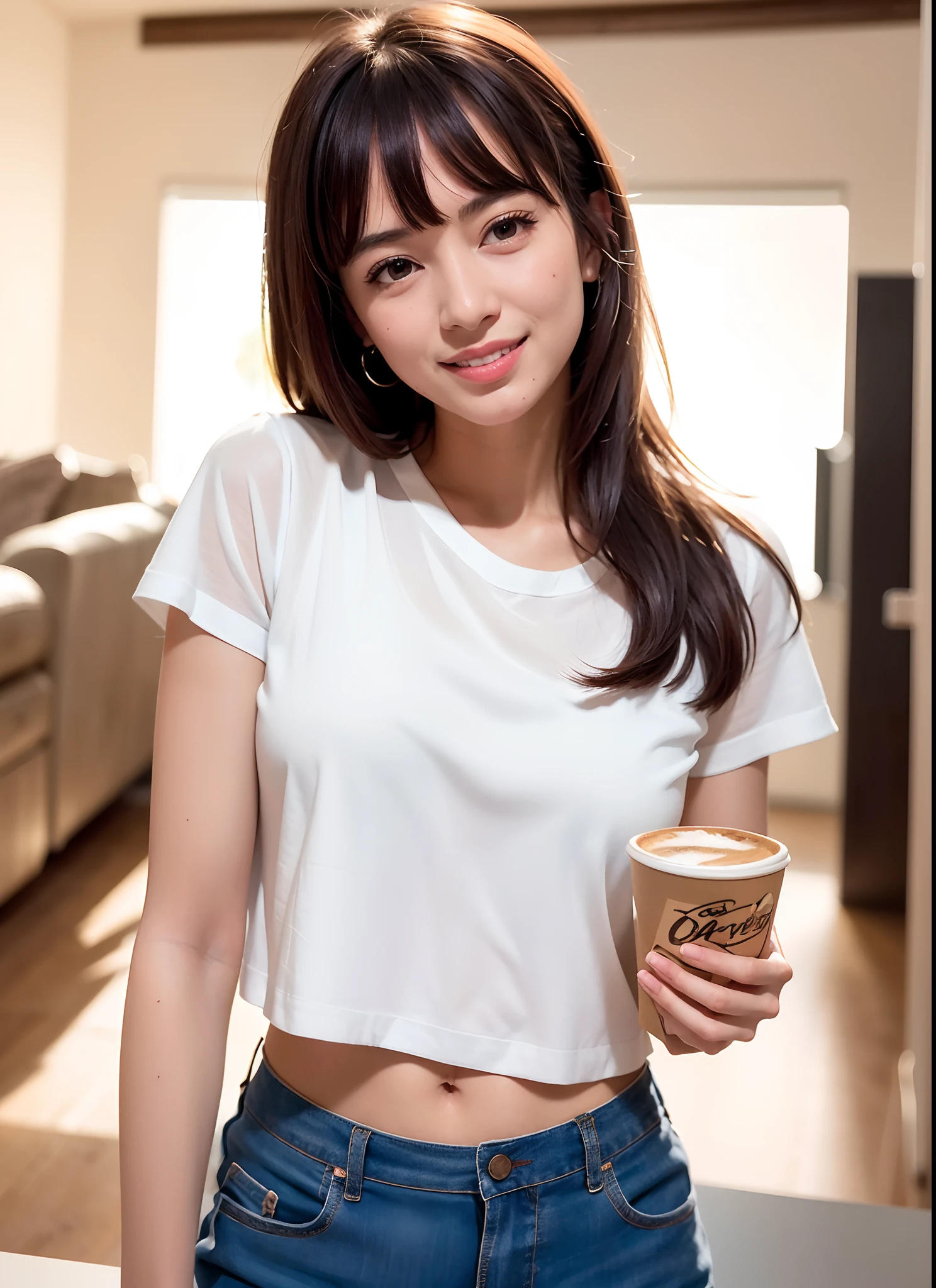Beautiful woman Arafed holding a cup of coffee in a living room, vestido com uma camiseta branca, tampo branco, sorriso perfeito, vestido com uma camiseta branca, ela tem dentes brancos perfeitos, Pokimane, bonito e sorridente, sorriso bonito e sedutor, sorriso bonito, sorriso curto, sorriso bonito, vestido com camisa branca, usando um top bonito, fotografiarrealista, fotografia, obra-prima, realista, Realismo, renderizado, Alto contraste, Arte Digital, fotográficorealista, trend in Artstation 8k HD, high definiton, circunstanciado, Realistic, detalhada, textura da pele, hiperdetalhada, Textura realista da pele, melhor qualidade, ultra high-resolution, (fotografiarrealista: 1.4), alta resolução, detalhada, fotografia crua, Crisp resolution, nikon d850 filme, fotografia de stock 4, Kodak Portra 400 Camera F1 Lens.6, textura hiper realista, lighting dramatic, Unrealistic trend in Artstation Cinestill 800, RAW. Directed by: Lee Jeffries.