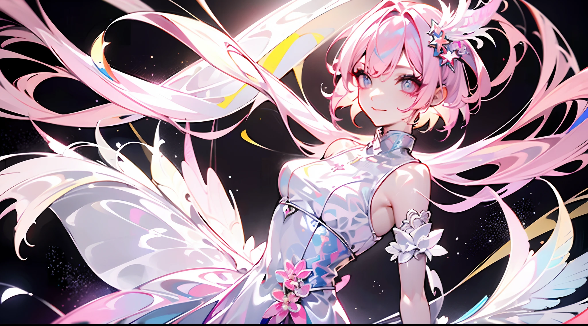Pink hair、Bright yellow eyes、Star pupils,Happy smile,Vivid paint effect,Manhwa Style,Rich texture,Refined performance,Japanese flair,Gorgeous feather decoration,Dreamy atmosphere,High-quality presentation。