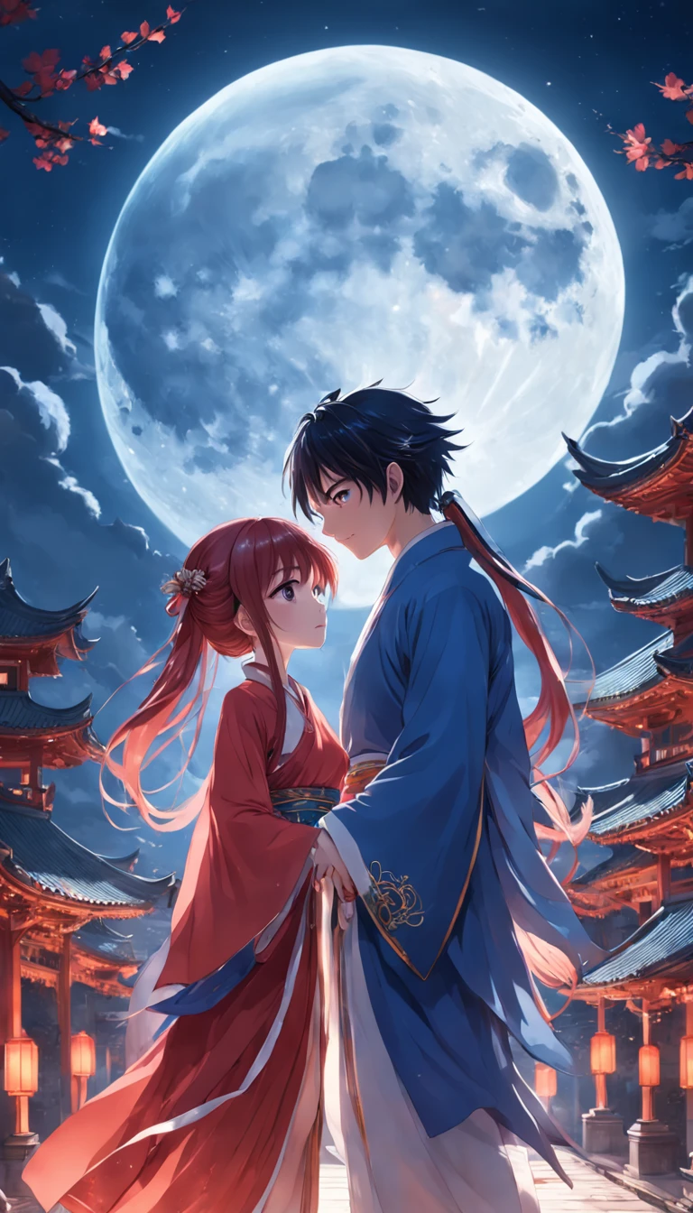 (in a panoramic view,magic realism, anime big breast,Masterpiece, hyper HD, Super detail, High details, Best quality, A high resolution, A high resolution, Award-Awarded, Award-Awarded, Anatomically correct, 8K,),(A girl and a boy kiss on a bridge,Full moon,holding hands in the moonlight,Peaceful night sky in the background,Traditional romance, xianxia fantasy, Chinese fantasy, beautiful moonlight night, Chinese style, moonlit night dreamy atmosphere),(Boy in blue and anime girl in red dress:1.5,Delicate girl,beuaty girl,Chinese Hanfu,inspired by Leng Mei,Romantic atmosphere:1.5,Cinematic lighting,Chinese premium color scheme)