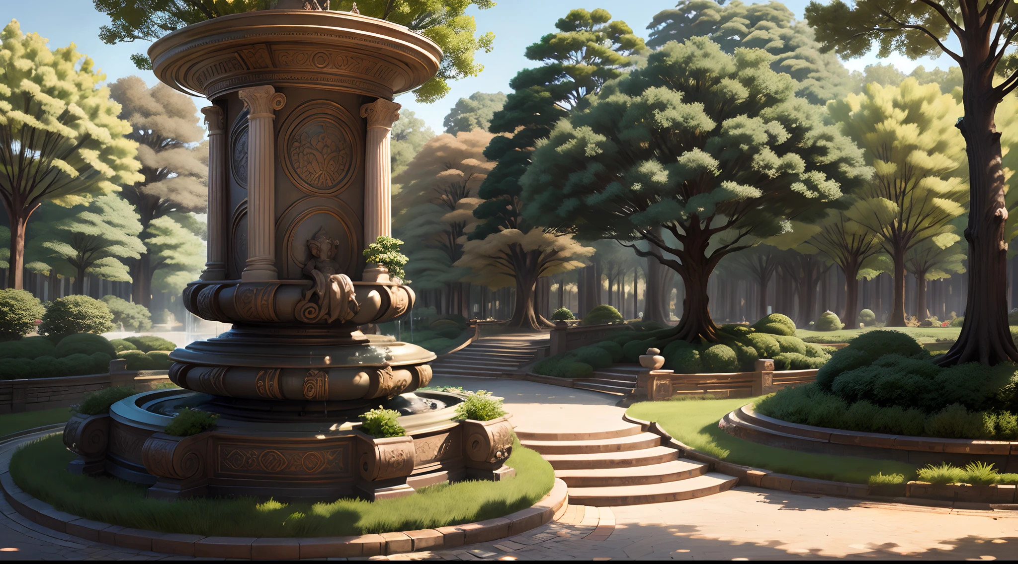 A beautiful, gorgeous, roman styled, four story water fountain in the middle of a park, photo taken from the front,