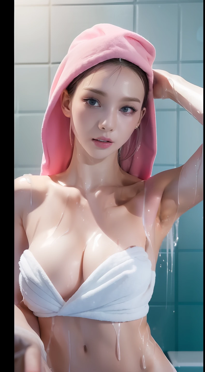 Highest image quality,Outstanding details,Ultra-high resolution,(Realism: 1.4),((Close up:1.3,view the viewer)),The best illustration,favor details,intense concentration ,Sexy woman,A delicate and beautiful face,(Showering,The posture of wrapping in a thin towel after showering,The hair is completely wet:1.4,Woman bathed drenched and naked:1.4),Pink bathroom,Pink walls,Pink bathtub,