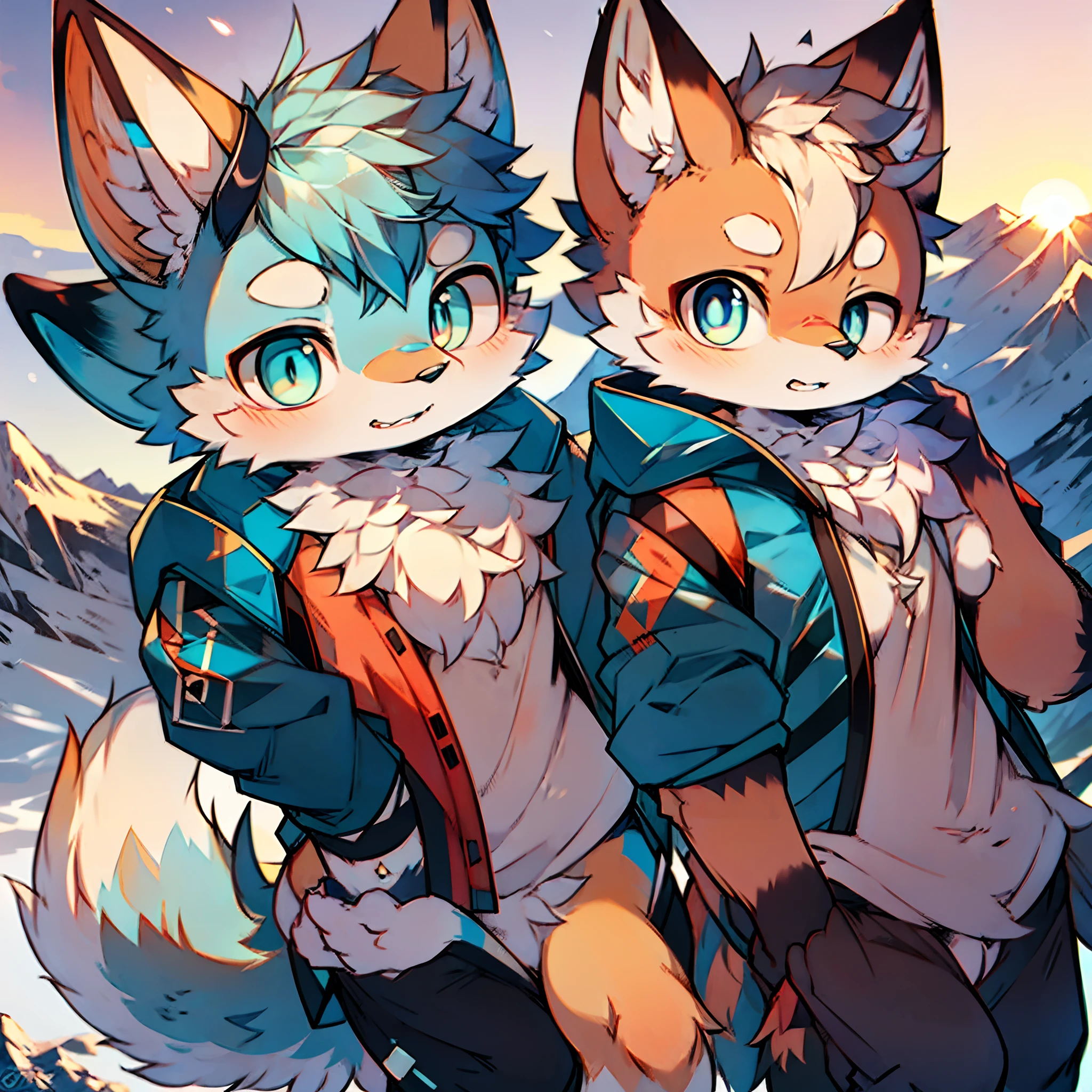 furry fox blue bright pupils blue cotton jacket snowy mountain sunset