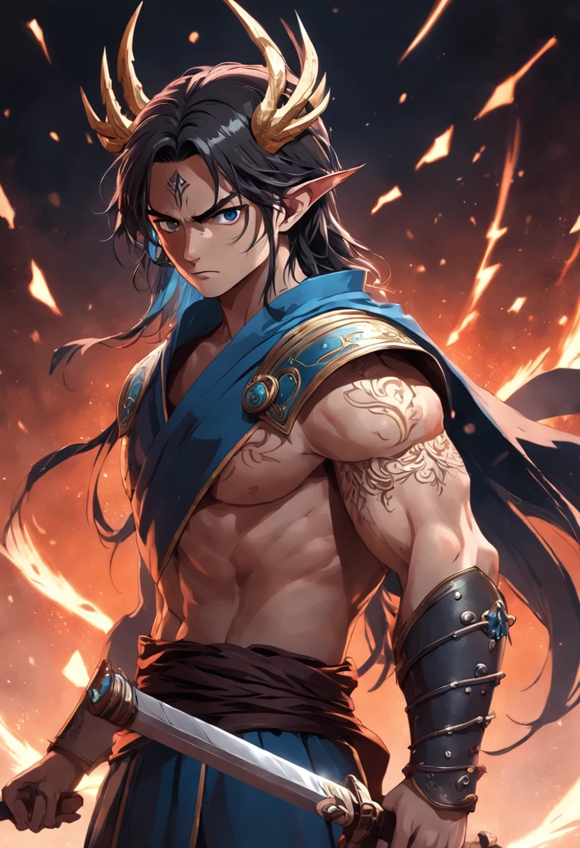 rey, hombre musculoso, Arte conceptual, por Kentaro Miura, fantasia arte, fantasia oscura, reino nordico, renderizado limpio, un, con una armadura, el caracter esta de pie, 9k realista, tiene una corona, fantasia medieval, pelo largo, pelo negro, ojos rojos, portada de art station, fantasia medieval, rayos de luz