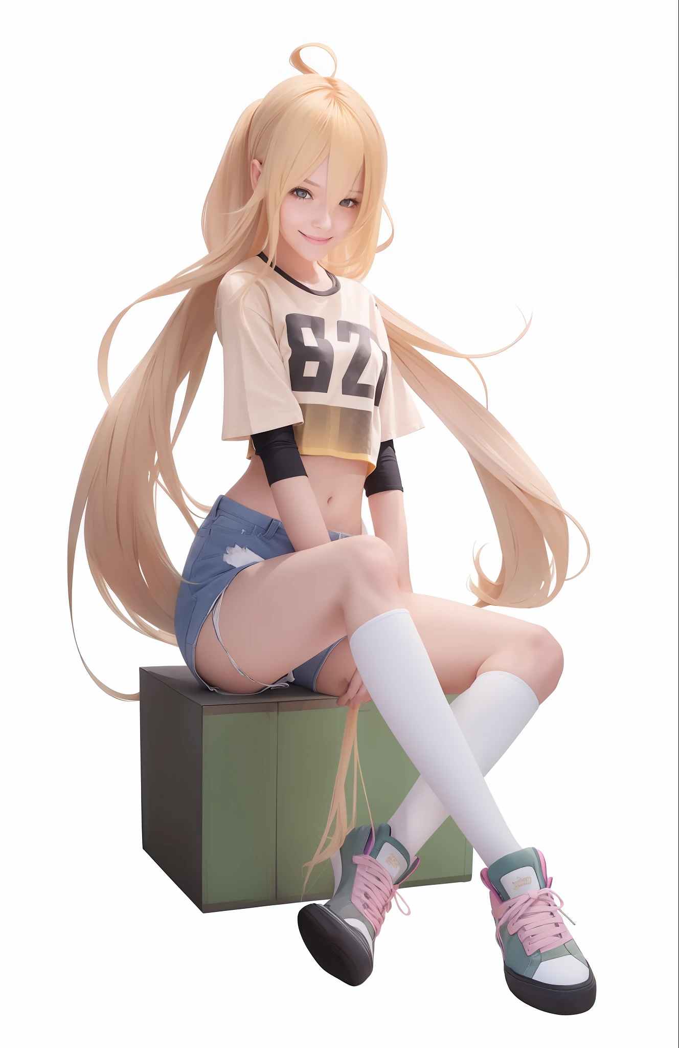 Female, long yellow hair, smile, sneakers, and Shirt mini, hotpants, photorealistic, masterpiece