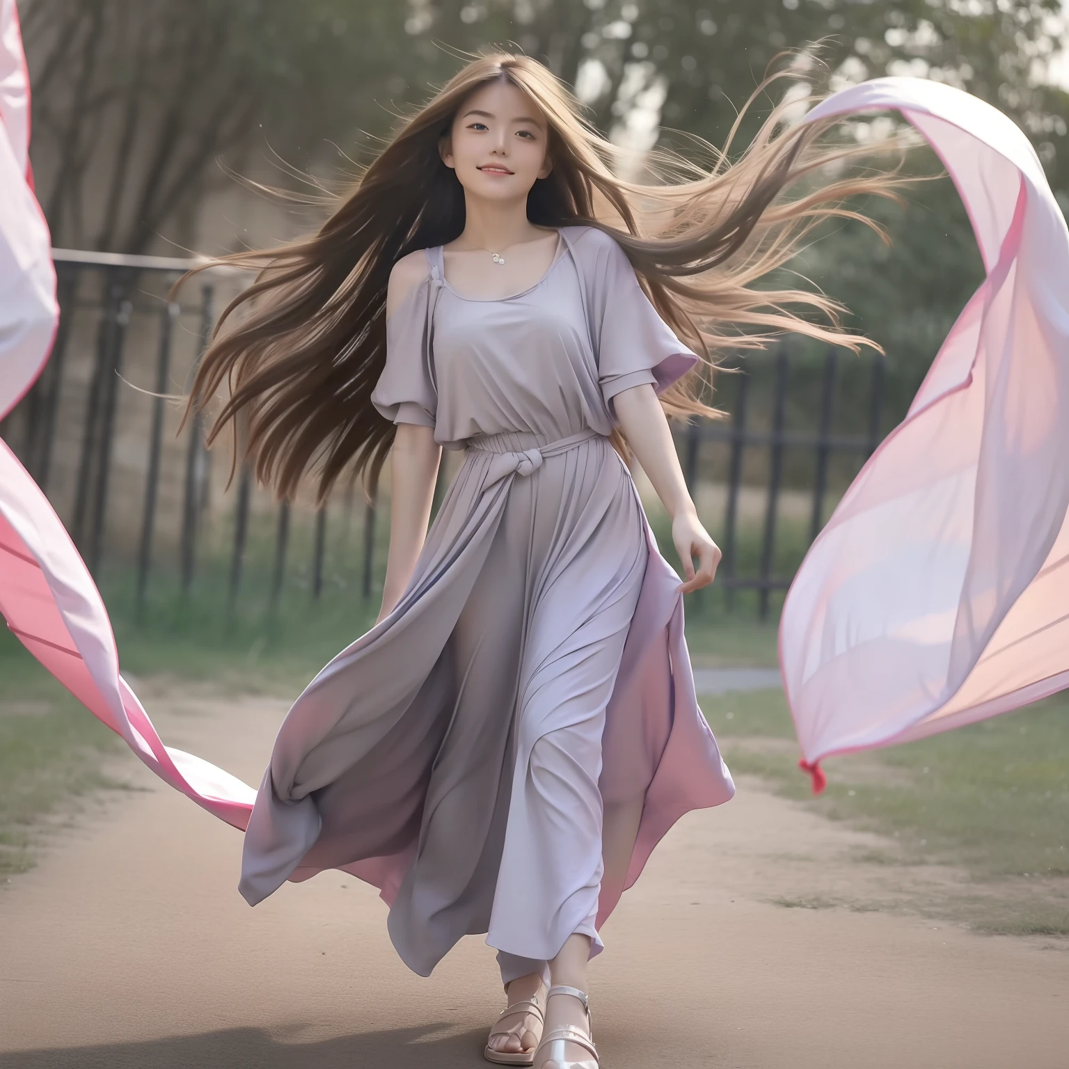 "(Best picture quality、A masterpice), white backgrounid, Ultra-thin paper,Sparkling, Beautiful and tasteful, The wind blew for a long time,ssmile, curly blond hair, Vivid and stunning,Scottish maxi dress,Greater wind,The wind blows hair,Floating hair,Static clothes,Short sleeved bodice,extra very long hair,12 meters long hair,Hair grows to the floor,Correct limbs,fully body photo,standing on your feet,white short sleeve,Cross your hands at your waist,"