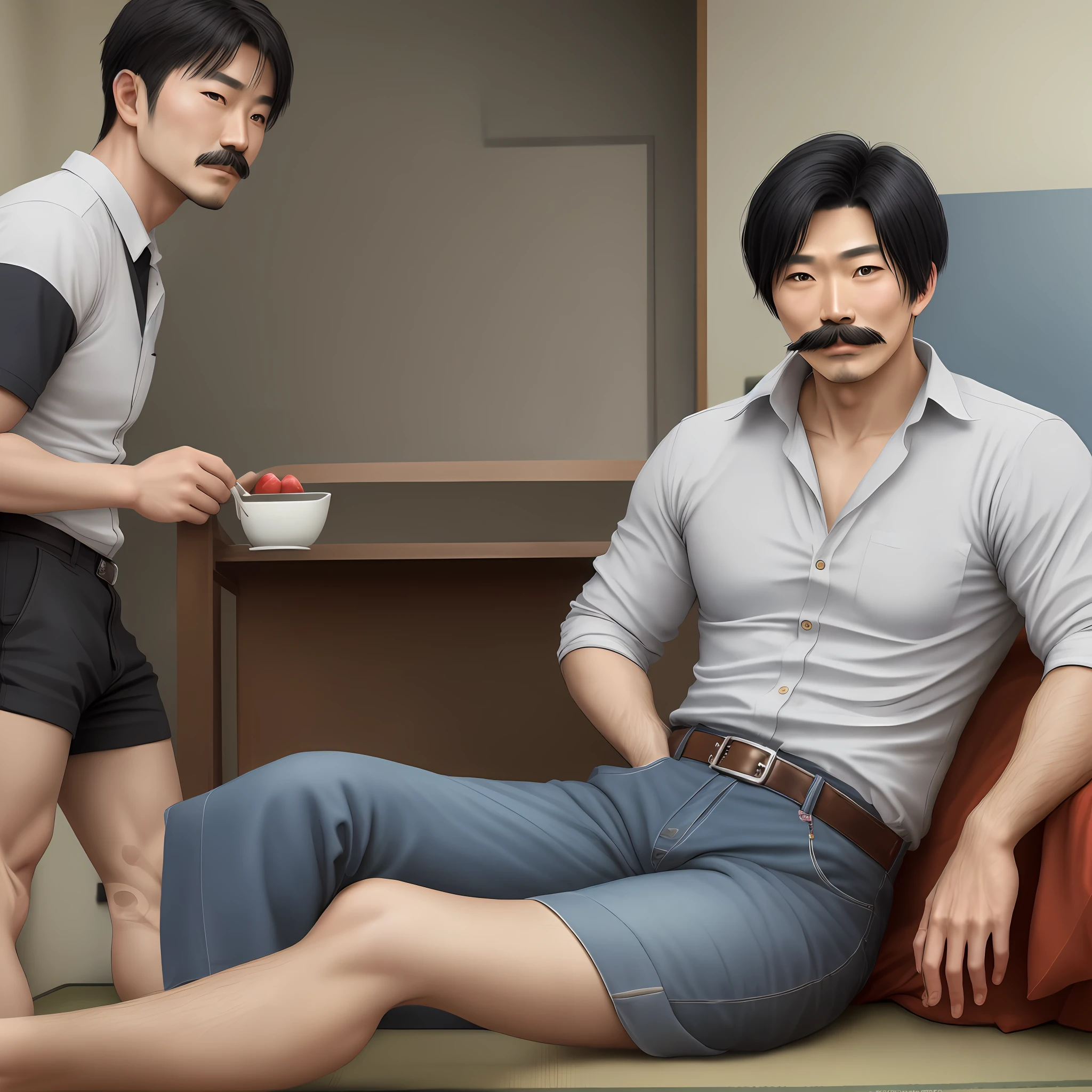 mtu，30 years old，Black hair，virile，male people，Japanese and Korean looks，Indecently division，Realistic，With a mustache，Mature temptation，Big footboard，Put it in front of you，barefooted