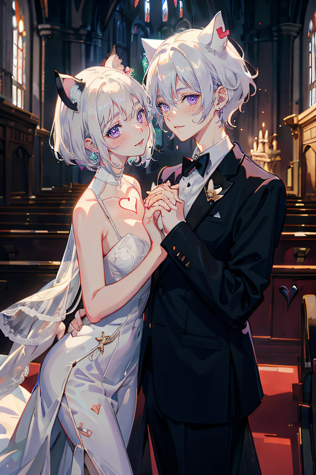 (1boy and 1girl), (cat ears:1.2), short hair, silver hair, white hair, purple eyes, masterpiece, pov, medium breast, absurdres, messy hair, cute smile, winking, blushing, nice hands, boy in a tuxedo suit, girl in a wedding dress, holding hands, (heart in the pupils:0.2), floating heart, heart earrings, white hair, full-face blush, looking at another, face-to-face, the church pipe organ can be seen in the background.