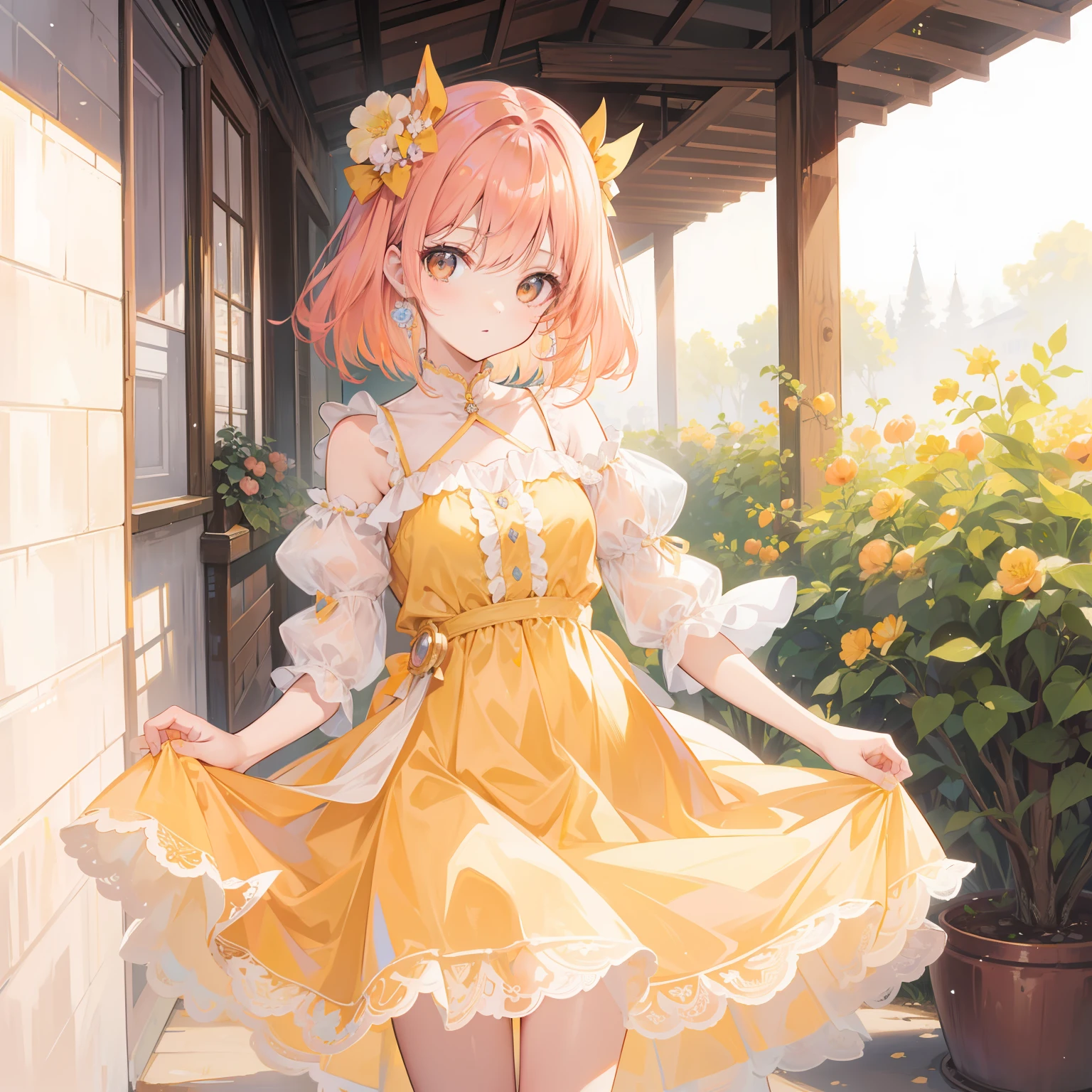 Apricot pink hair，Light yellow dress，Cute sweet girl Beautiful girl
