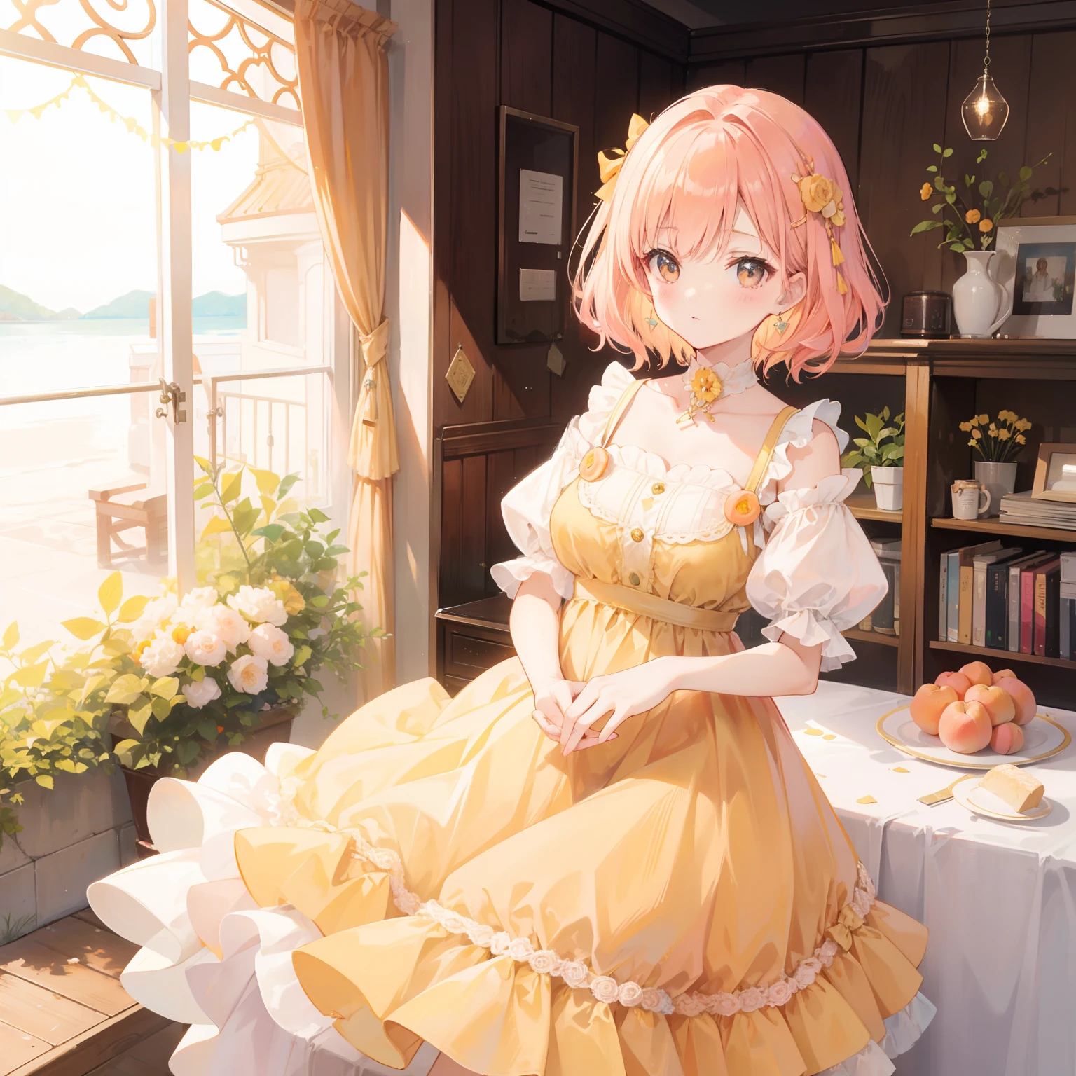 Apricot pink hair,Light yellow dress,Cute sweet girl Beautiful girl