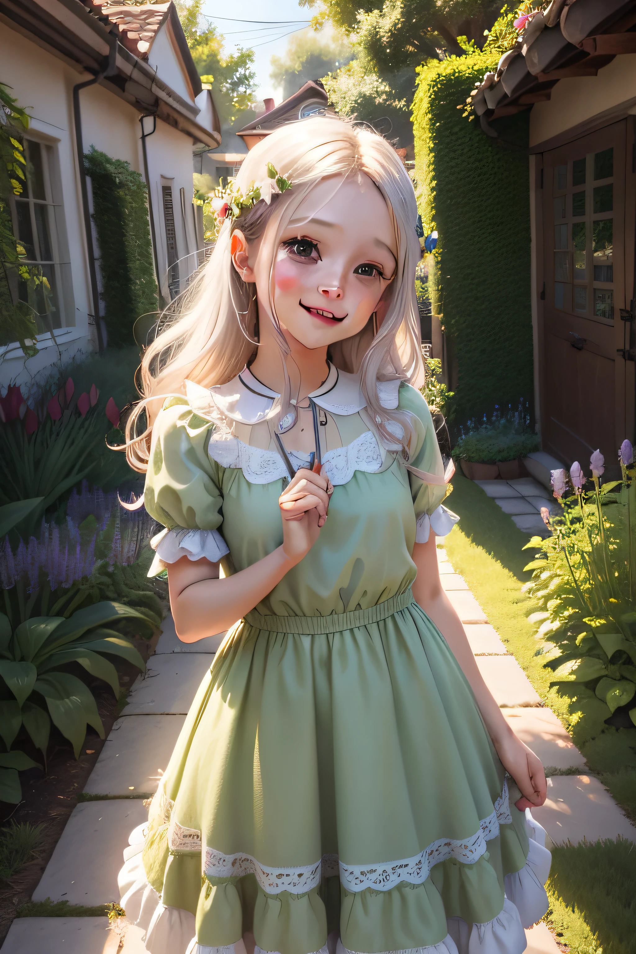 "Create charming illustrations for the story 'The Little Garden Fairy'. Visualize a pequena fada Lila com suas asas brilhantes e vestido cor de rosa, standing as if talking to the camera with the humans. Show cheerful garden and the action of the fairy and her insect friends are managing to save the garden. Destaque a fada falando, alegre, Teaching humans how to care for the garden sustainably. Convey the importance of nature and small actions through vibrant and playful images."