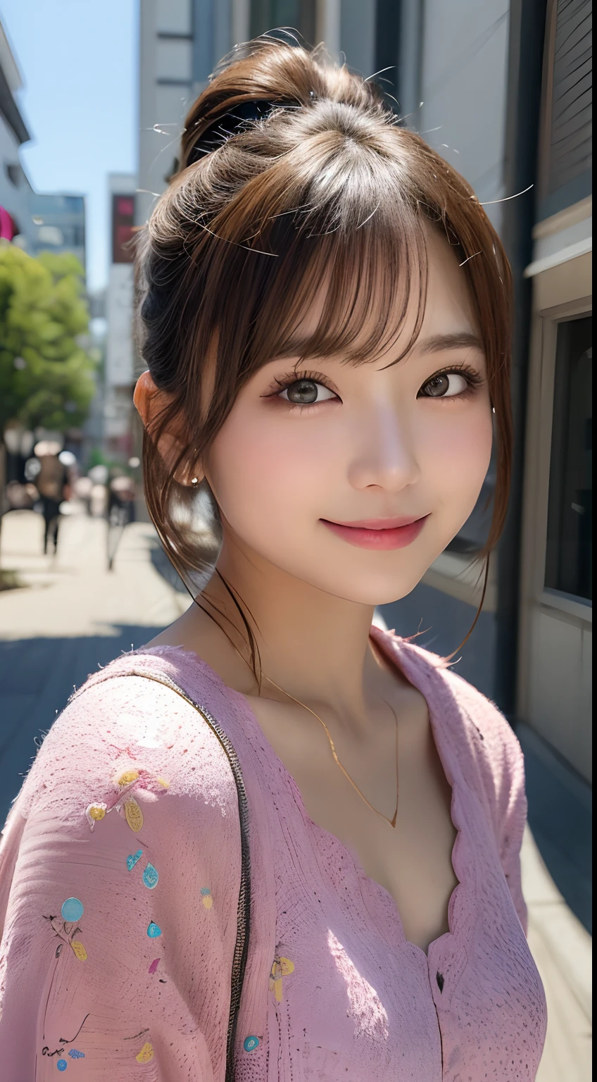 masutepiece, Best Quality, Illustration, Ultra-detailed, finely detail, hight resolution, 8K Wallpaper, Perfect dynamic composition, Beautiful detailed eyes, Women's Fashion Summer,Ponytail hair,mid-chest, Natural Color Lip, Bold sexy poses,Smile,Harajuku、20 years girl、Cute、Sexy shot looking at camera