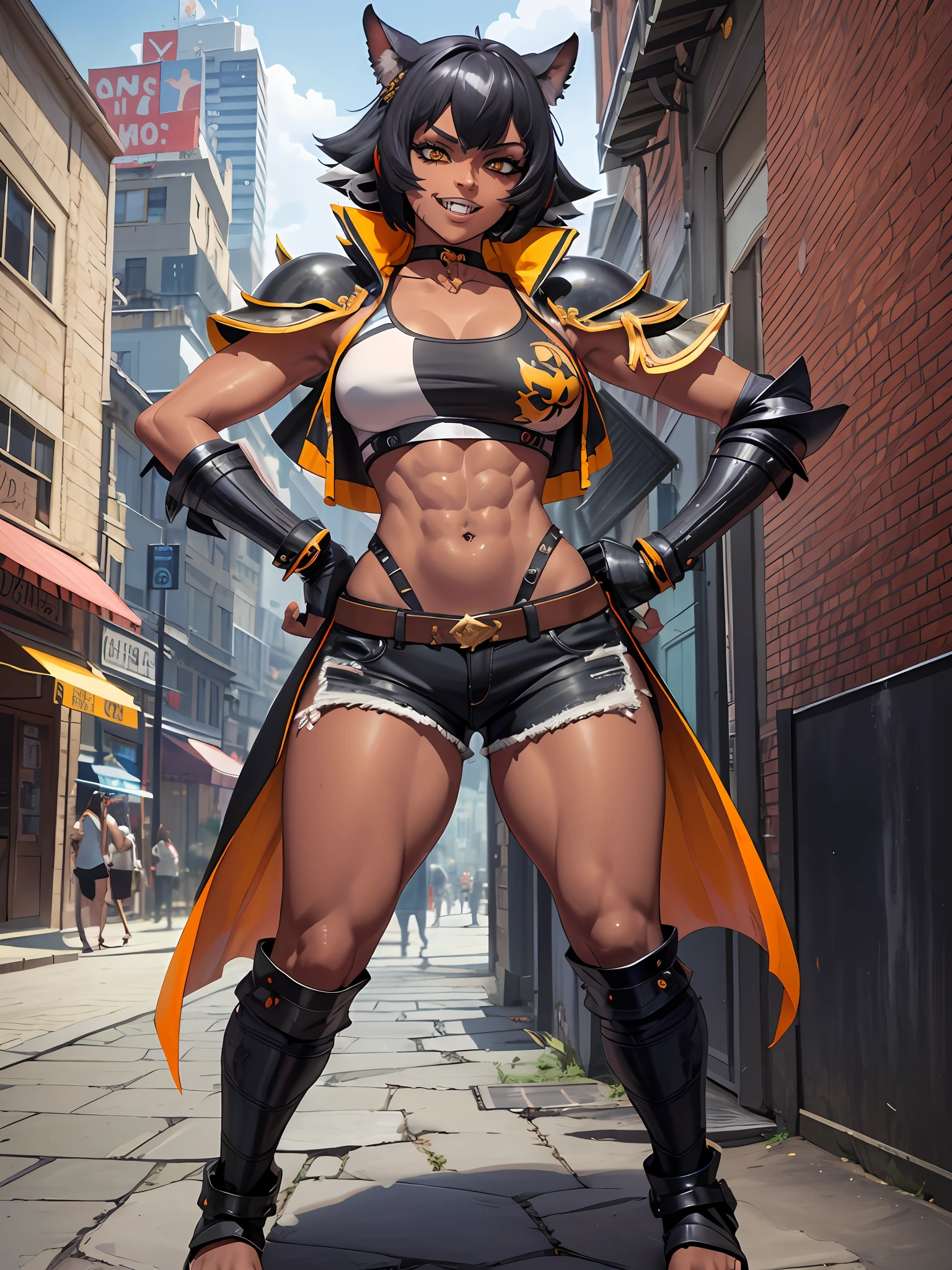 (Masterpiece, best quality:1.2), (highres, ultra-detailed), (absurdres, perfect anatomy), 1girl, solo, , anihh, slit pupils, dark-skinned female, black hair, orange colored inner hair, scar, fangs, black choker, hands on hips, outdoors, open vest, black loose t-shirt, black shorts, fingerless gloves, muscular, (covered (navel:0.5)) , full body flipflops,(icone de um jogo), (icone de peitoral : 1.5), um peitoral , peitoral marrom, chest plate, peitoral pesada marrom, peitoral grosso, peitoral de Armadura intrincada, peitoral de armadura de fantasia pesada, peitoral detalhado, armadura ornamentada, peitoral de Armadura Paladina, peitoral dearmadura de batalha, intrincada peitoral, smile, full body