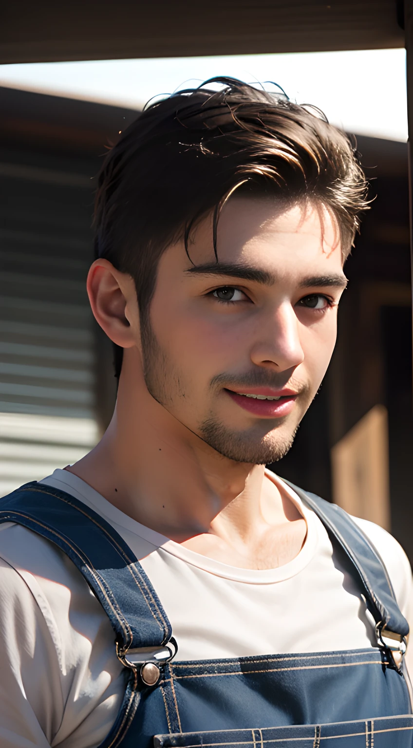 ((Men only)), (head shot), (face only), (look straight), (handsome muscular man in his 20s), ((wearing yellow overalls)), (Chris Redfield), (Mischievous smile), (detaile: 1 in 1), Natural muscles, HIG quality, beautidful eyes, (Detailed face and eyes), (Face、: 1 / 2), Noise, Real Photographics、... .................................................................................................................PSD, Sharp Focus, High resolution 8K, realisitic & Professional Photography, 8K UHD, Soft lighting, High quality, Film grain, FujifilmXT3