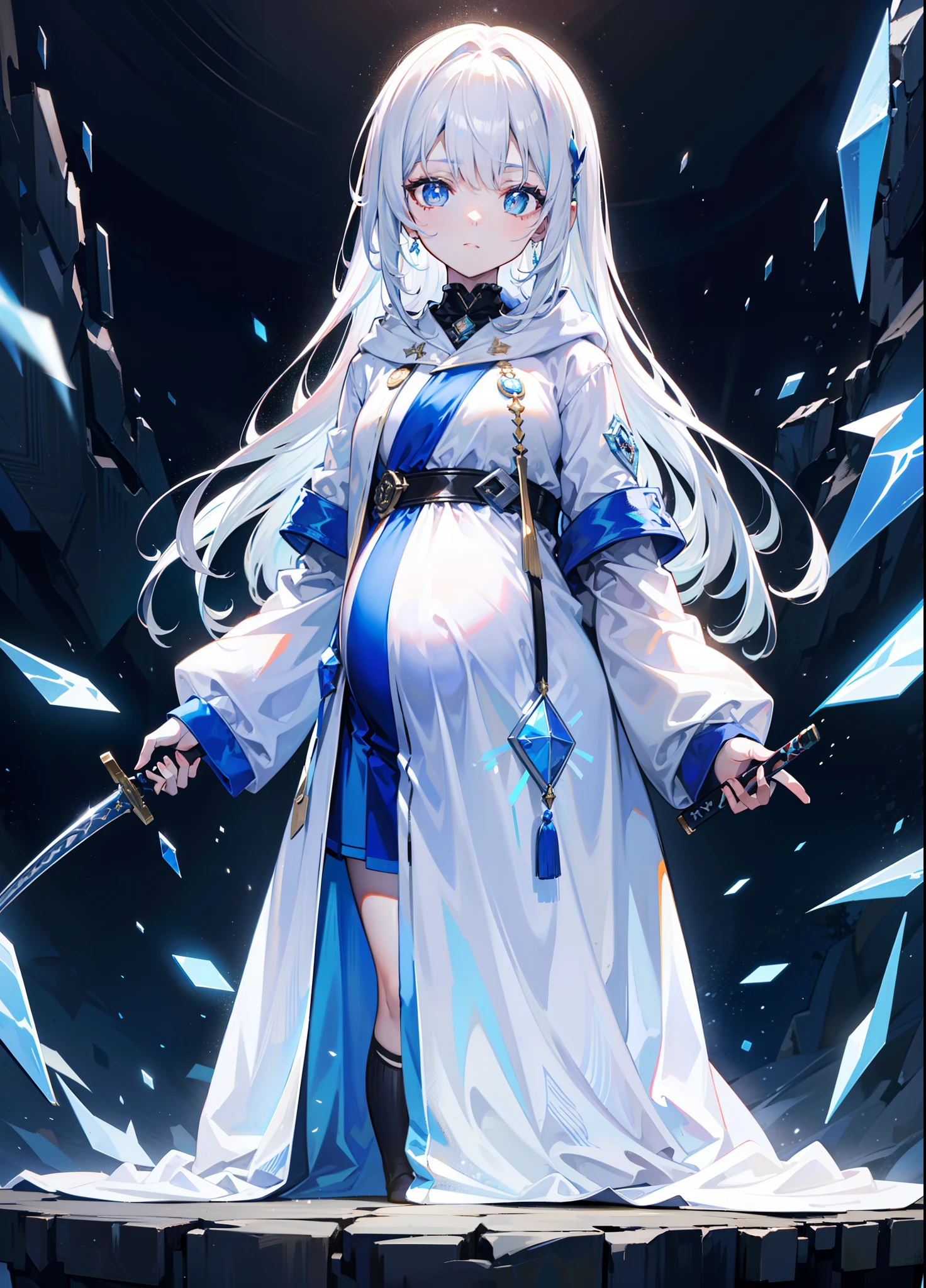 tmasterpiece,best qualtiy,style of anime,a sense of atmosphere，higher details，cg render，Standing painting，Ray traching，sci-fy，Divine sense top light，Electronic science fiction，the ai)(holographic projections，White color hair，long whitr hair，hair straight，Blue pupil，A white hooded robe covers the whole body，Holding a long sword with blue light，Non-juveniles)（The background is a huge blue space), pregnant(6th month)