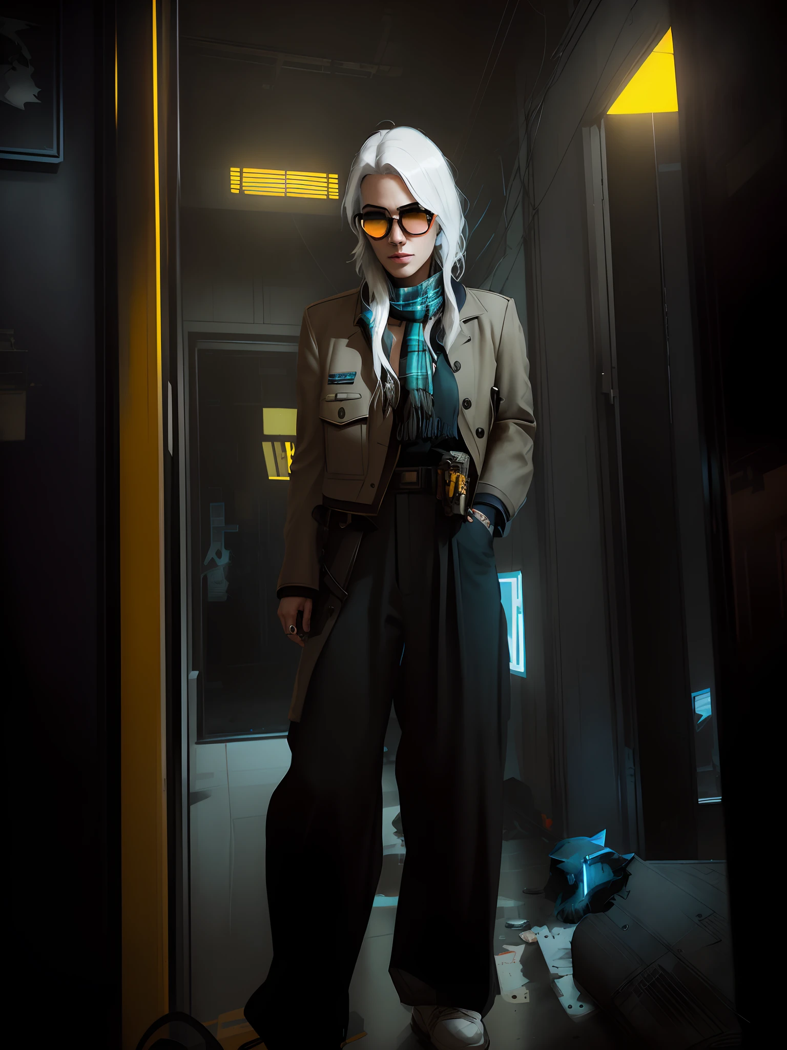 (dark shot:1.1), epic realistic, portrait of halo, sunglasses, blue eyes, tartan scarf, white hair by atey ghailan, by greg rutkowski, by greg tocchini, by james gilleard, by joe fenton, by kaethe butcher, gradient yellow, black, brown and magenta color scheme, grunge aesthetic!!! graffiti tag wall background, art by greg rutkowski and artgerm, soft cinematic light, adobe lightroom, photolab, hdr, intricate, highly detailed, (depth of field:1.4), faded, (neutral colors:1.2), (hdr:1.4), (muted colors:1.2), hyperdetailed, (artstation:1.4), cinematic, warm lights, dramatic light, (intricate details:1.1), complex background, (rutkowski:0.66), (teal and orange:0.4)