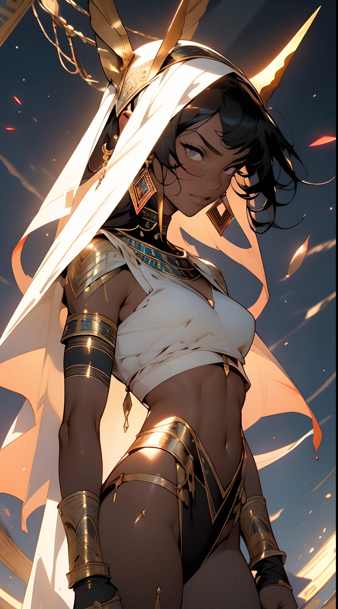 ((Frank Frazetta)), beautiful black woman, Beautiful black eyes、 Egyptian woman, (Glossy Egyptian ornaments), muscular and perfect body,(top-quality、8K、32K、masterpiece、nffsw:1.3)、超A high resolution,(Photorealsitic:1.4),, long black hair with heavy bangs on the forehead,,Ray traching,Sun glare,depth of fields,By backlight effect、Add depth to your screen、muscular body, Red veil, dark skin shiny with oil and sweat, Anubis warrior in small clothes, golden bra, Egyptian tattoo,, Large breasts, Generous cleavage, , A desert, pyramids in the background