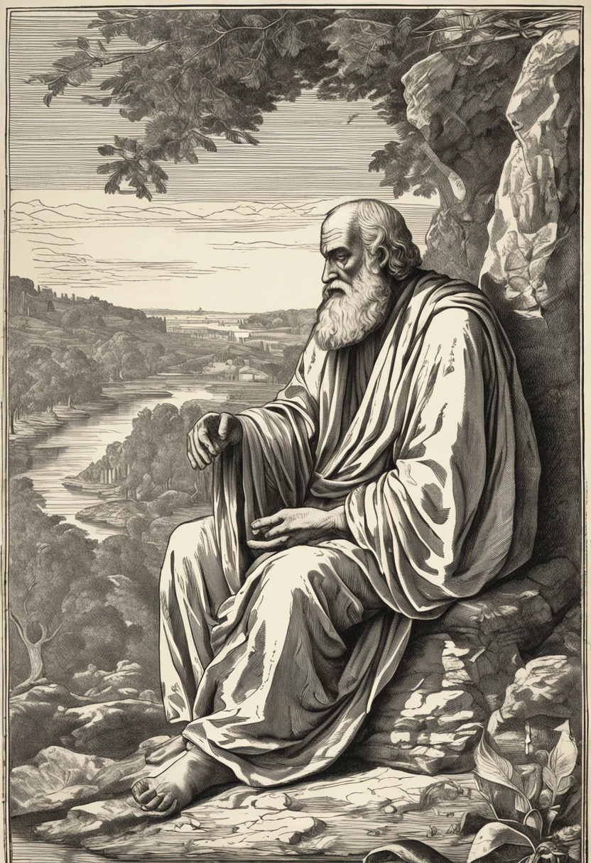 1. Image of Heraclitus contemplating the river with his typical robes of Ancient Greece, in a stunning landscape of a dense forest on the banks of the river.

2. A depiction of Heraclitus sitting on a rock, watching the sunrise in a mountainous setting, which refers to its origin in the city of Ephesus.

3. An image of Heraclitus walking on a deserted beach, with a starry sky in the background, representing your connection to the natural elements of the Earth and the cosmos.

4. An illustration of Heraclitus sitting in a garden, with leafy trees and colorful flowers all around, simbolizando sua busca pela verdade e harmonia na natureza.

5. A painting of Heraclitus meditating in a cave, com estalactites e estalagmites ao seu redor, evocando uma atmosfera misteriosa e profunda, according to his enigmatic philosophy.

6. An image of Heraclitus in his personal library, cercado de pergaminhos e artefatos antigos, representing his intellectuality and contribution to philosophical knowledge.

7. A depiction of Heraclitus in a bustling market, com pessoas interagindo e barulhos ao fundo, highlighting his view on the constant change and impermanence of reality.

8. A painting of Heraclitus sitting in a Greek temple, with imposing columns and architectural details typical of the time, underscoring its influence on classical Greek philosophy.

9. An image of Heraclitus walking along a stream in a dense forest, with ancient trees and mosses covering stones, reflecting his view on the passage of time and the transience of life.

10. An illustration of Heraclitus writing on a papyrus, em um ambiente tranquilo e sereno, surrounded by lush vegetation, representing his dedication to contemplation and philosophical reflection.