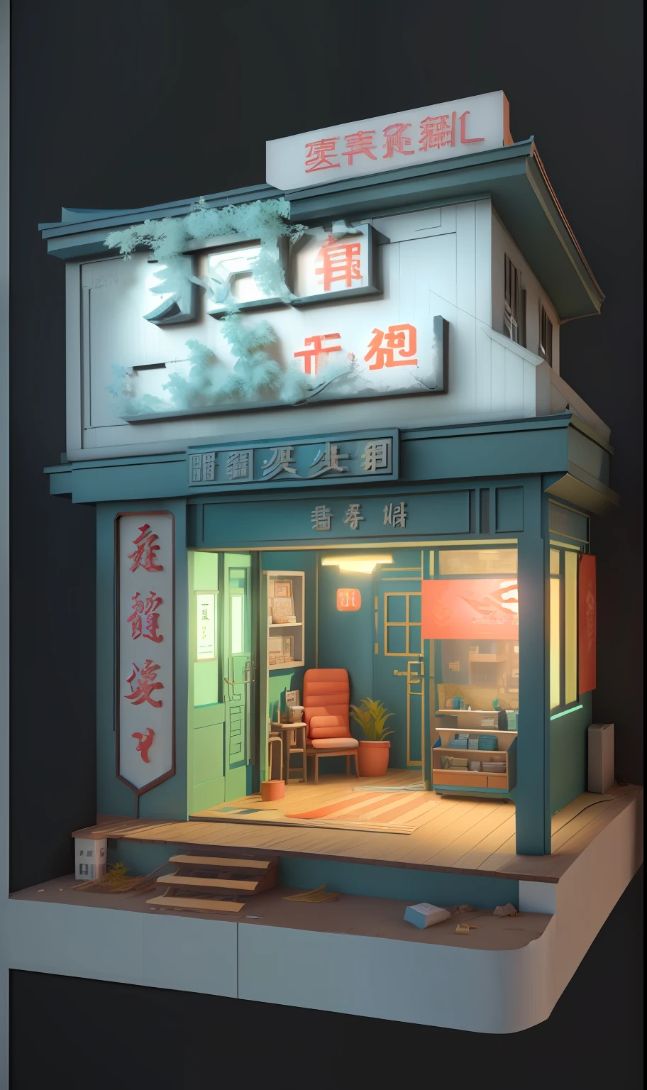 There is a small building，There is a sign on it, 3 d stylize scene, trending on cgstation, stylized 3d render, 3 d render stylized, 8 K cartoon illustration, realistic 3 d style, 3d scene, 3D scene, personal room background, Wang Chen, promotional render, overlaid with chinese adverts