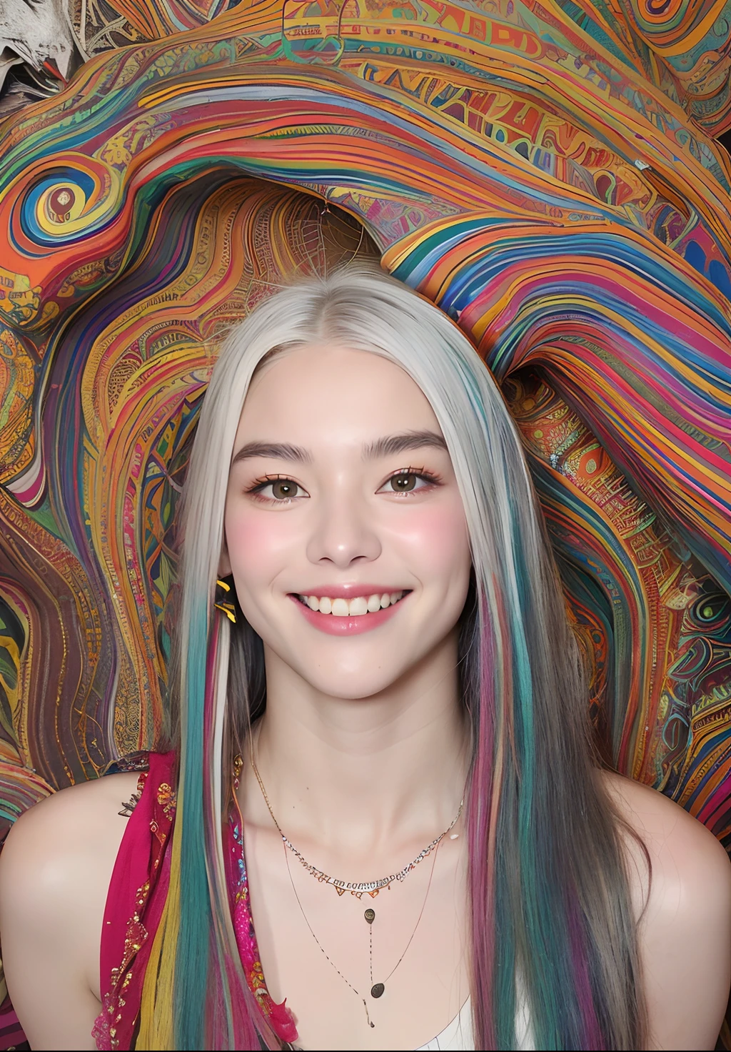 (extra detailed body、extra detailed face、best qualtiy:1.2)、femele、looking at the viewers、(White hair、、a smile、Large shoulder-length piercings、a necklace、hippy)、(Psychedelic wall on background:1.4)